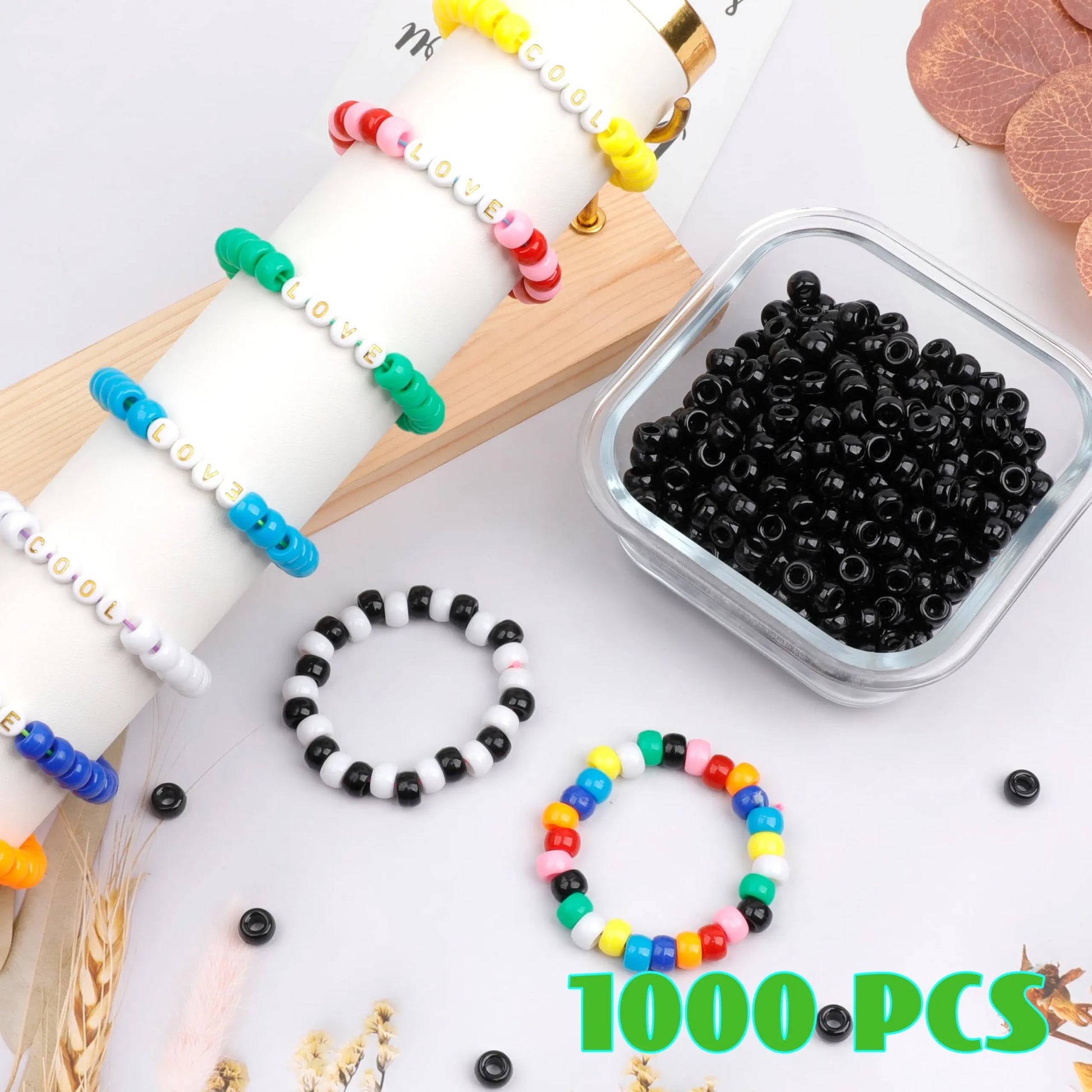 Auvoau 1000Pcs Pony Beads Bracelet 9mm Black Plastic Barrel Pony Beads for Necklace,Hair Beads for Braids,Key Chain,Jewelry Making (Black)