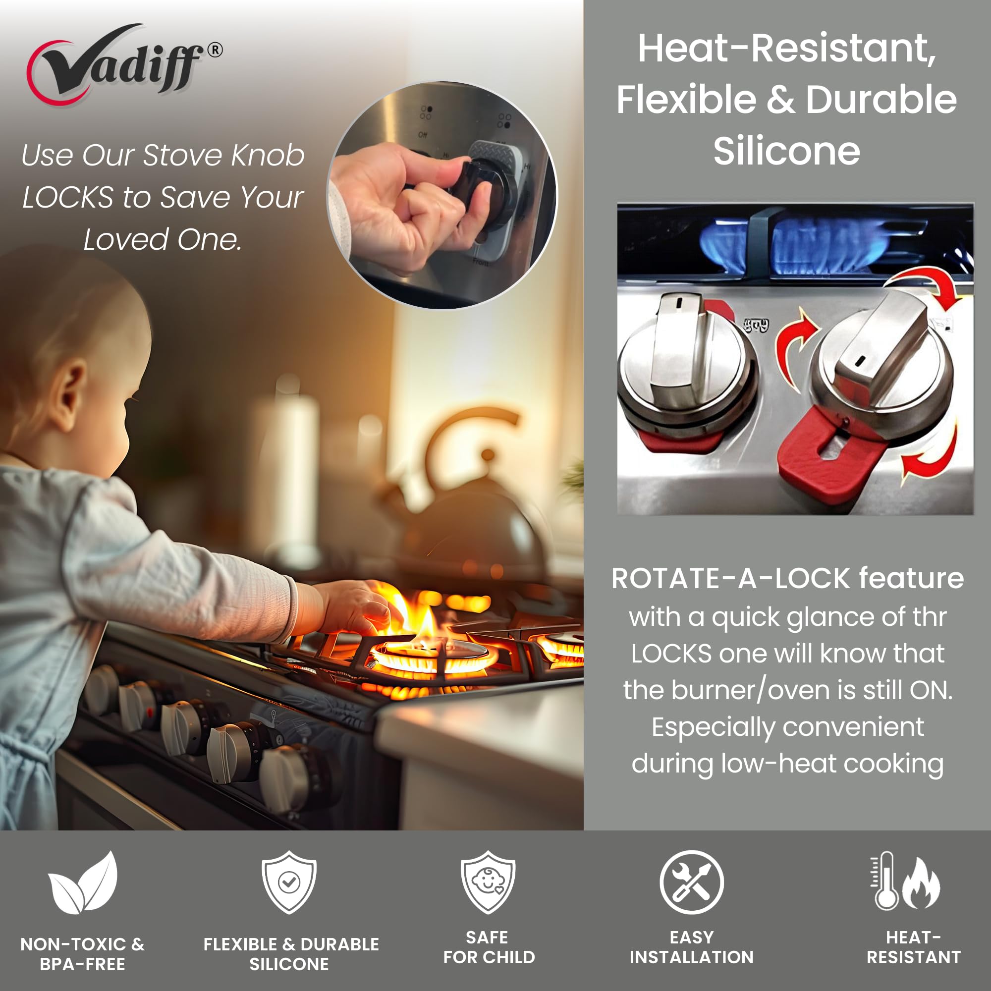 2025 Mom's Choice Winner- Gas Stove Knob Locks - Gray Silicone Stove Knob Safety Covers for Toddlers, Pets - Child Proof Universal Size Knobs - Baby Proofing Protectors for Electric Stoves- 5Pcs