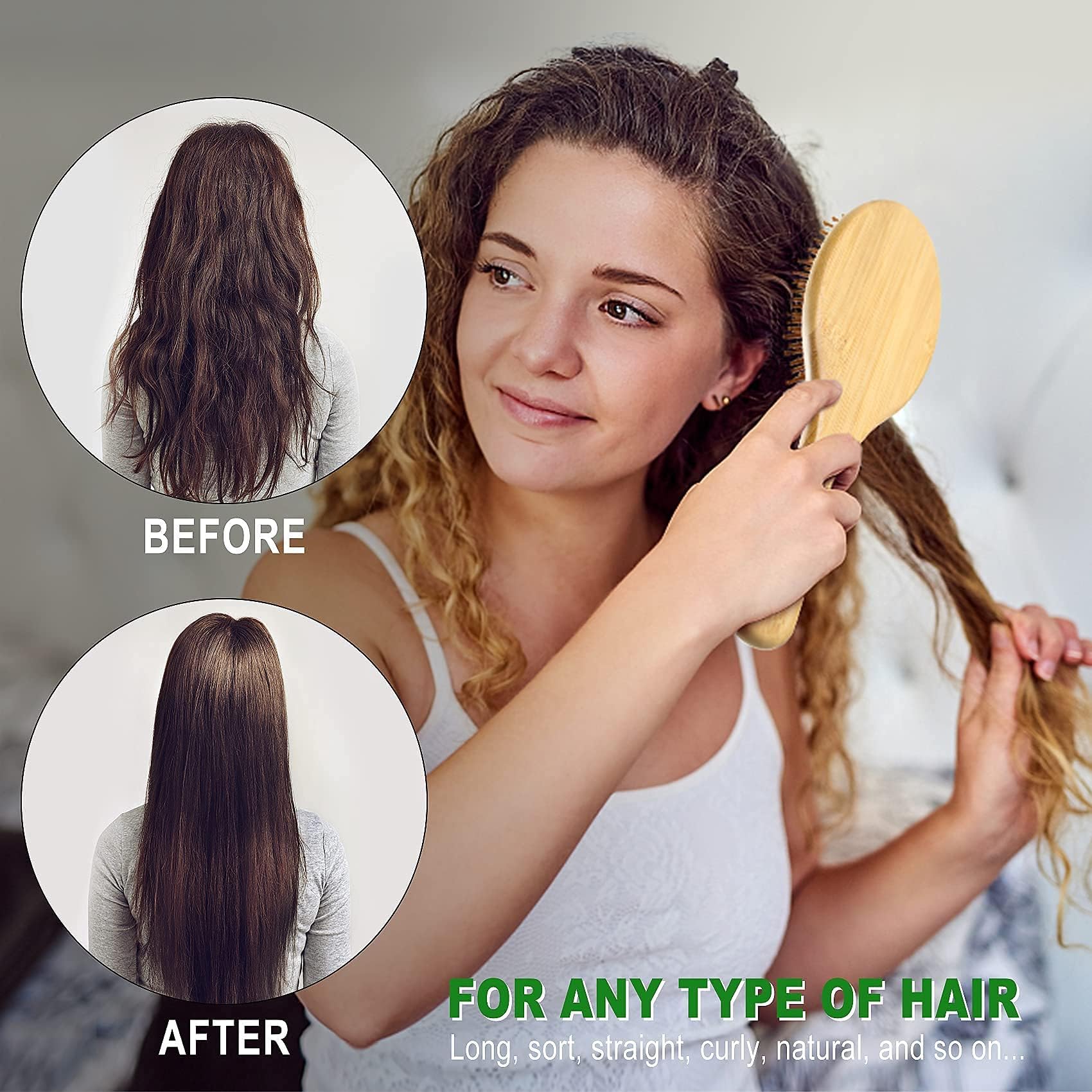 MRD Hair Brush Set, Natural Bamboo Comb Paddle Detangling Hairbrush, Wide-tooth and tail comb No Bristle, suit for Women Men and Kids Thick/Thin/Curly/Dry Hair Gift kit