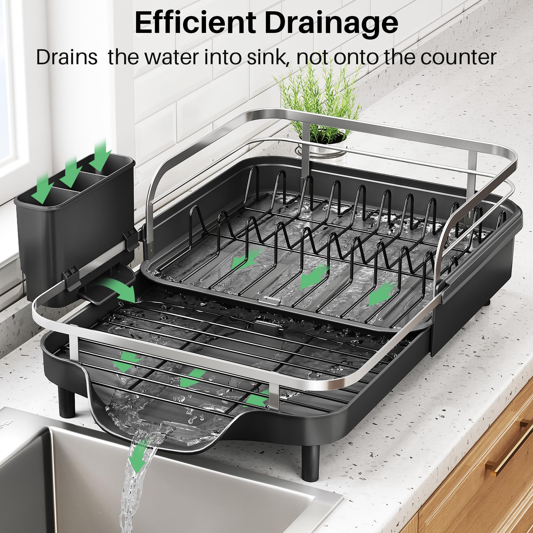 Dish Drying Rack, Expandable Dish Rack for Kitchen Counter, Stainless Steel Dish Drainer with Drainboard Set and Utensil Holder (Black)