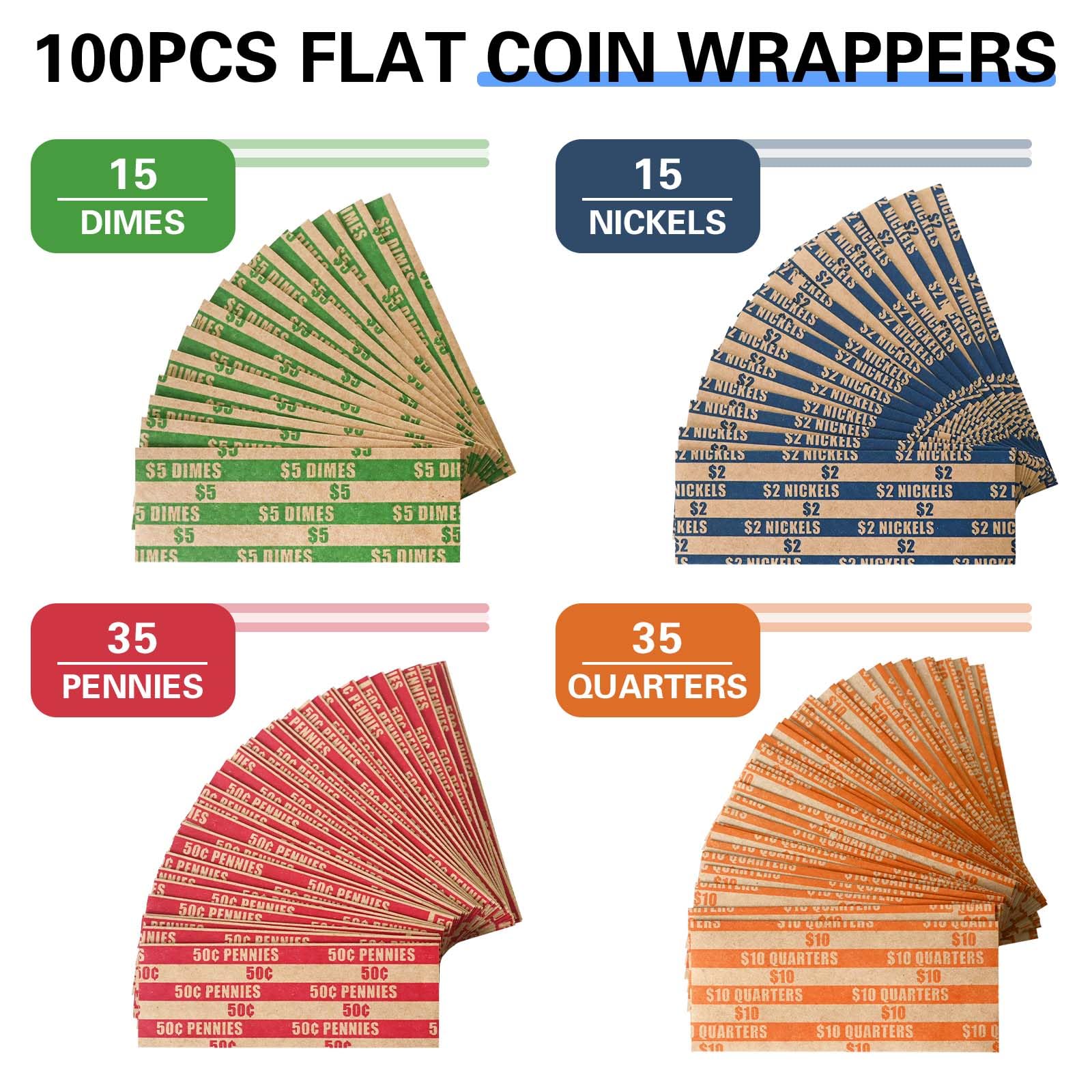 ESSENTIAL 100 pcs Assorted Packed Flat Stripped Coin Wrappers, Coin Rolls Wrapper for Quarters, Dimes, Nickels, Pennies