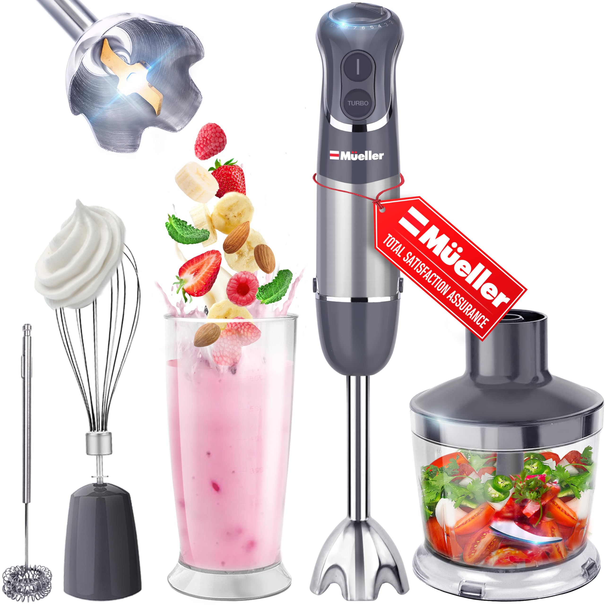 Mueller Multistick 5-in-1 Immersion Blender Handheld, 12 Speed Hand Mixer - Turbo Boost, Heaviest Duty Copper Motor, Titanium Blades Hand Blender, Milk Frother Wand, Whisk, Beaker, Chopper, Grey