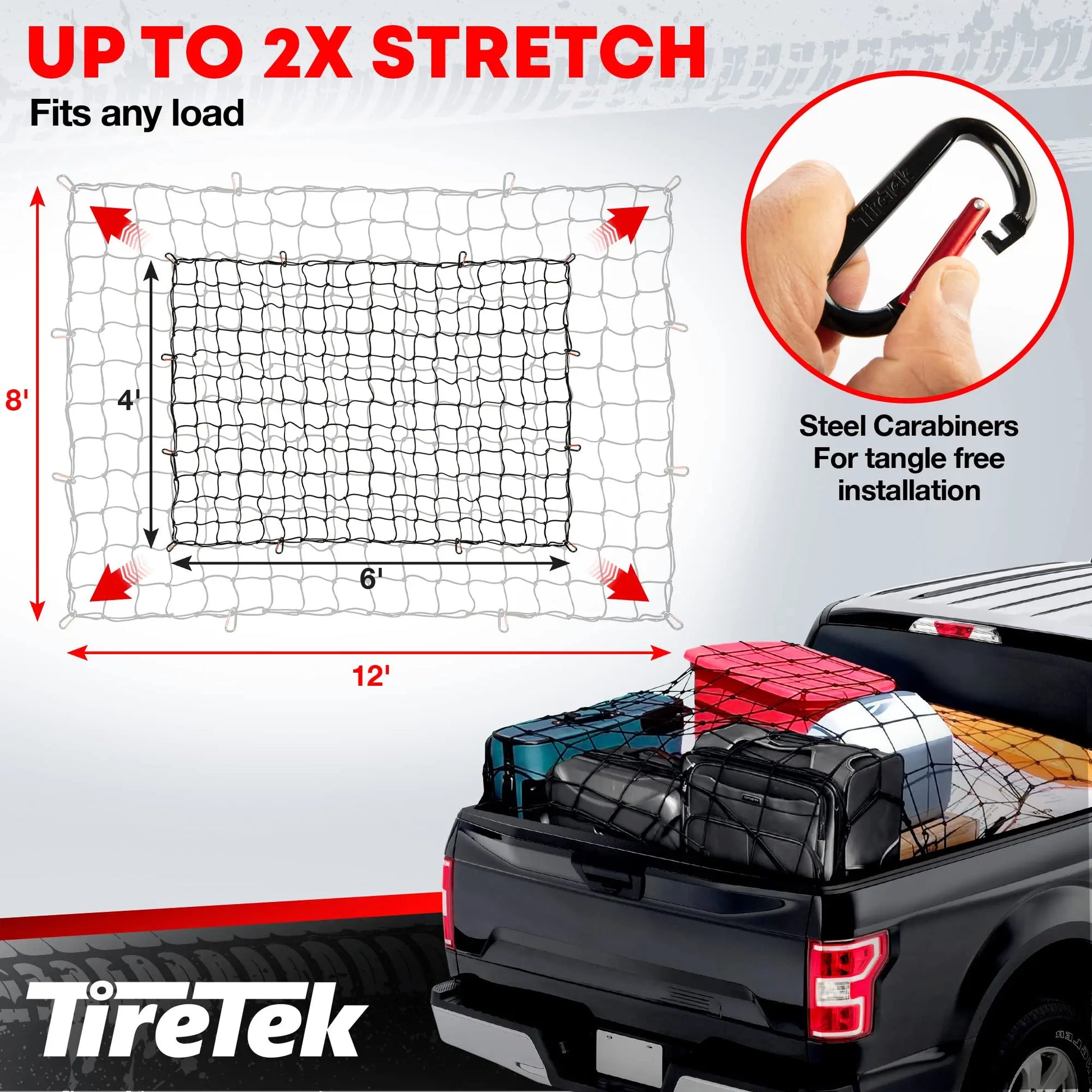 Cargo Net for Pickup Truck Bed (4' x 6' Stretches to 8' x 12') Heavy Duty Pickup Truck Bed Accessories - 12 Metal Carabiners, Bungee Mesh Accessory with Strap Hooks for SUV, Trailer Tarp
