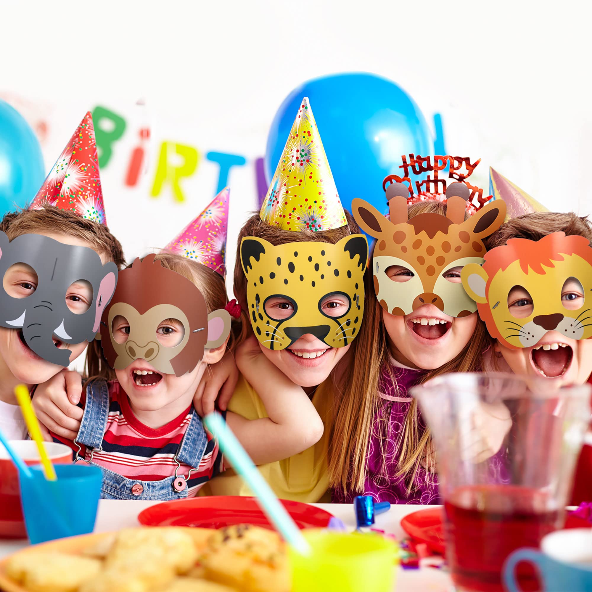 Blulu 16 Pcs Safari Animal Masks for Kids Jungle Zoo Animals Cartoon Masks for Woodland Animal Theme Birthday Party Decorations