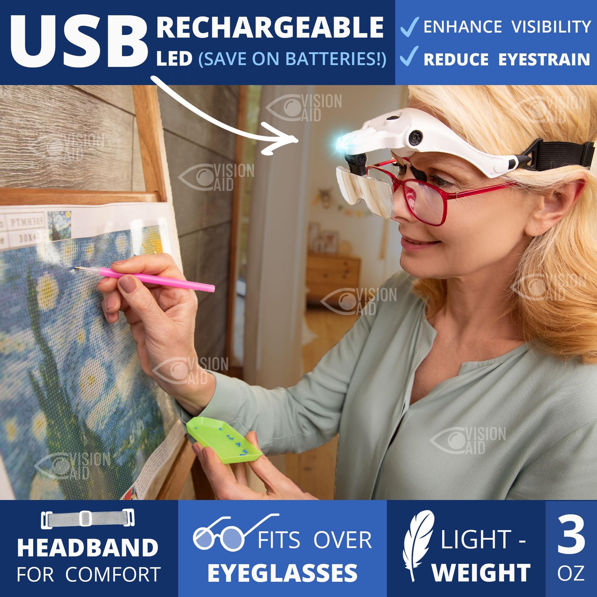 Vision Aid Magnifying Glasses with LED Light, 5 Lenses, Headband, Storage Case | Hands Free Lighted Head Mount Magnifier for Hobby Crafts Macular Degeneration Cross Stitch Diamond Painting Close Work