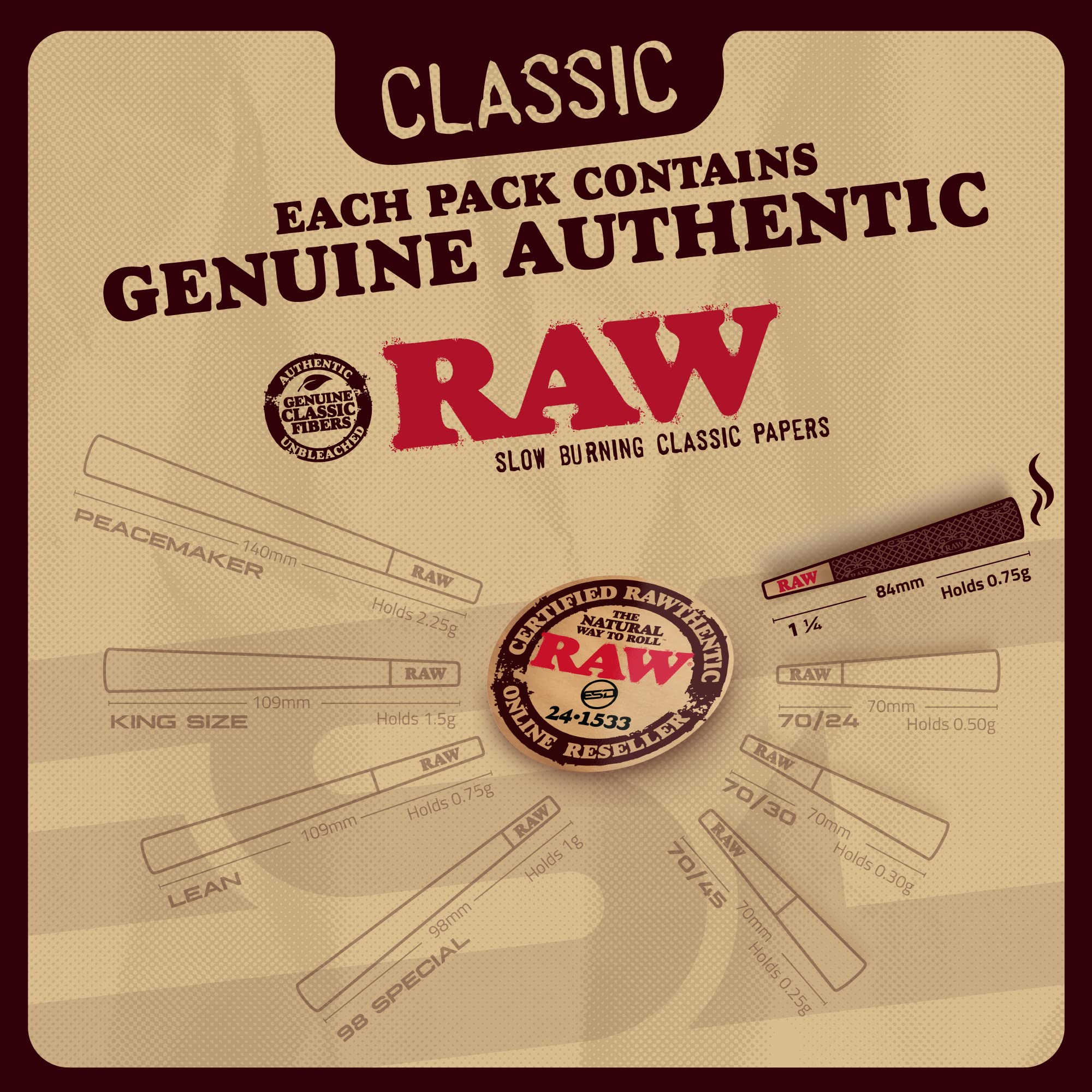 RAW Classic 1-1/4 Slow Burning Pre-Rolled Cones - 100 Pack with Tips & Packing Tubes Included