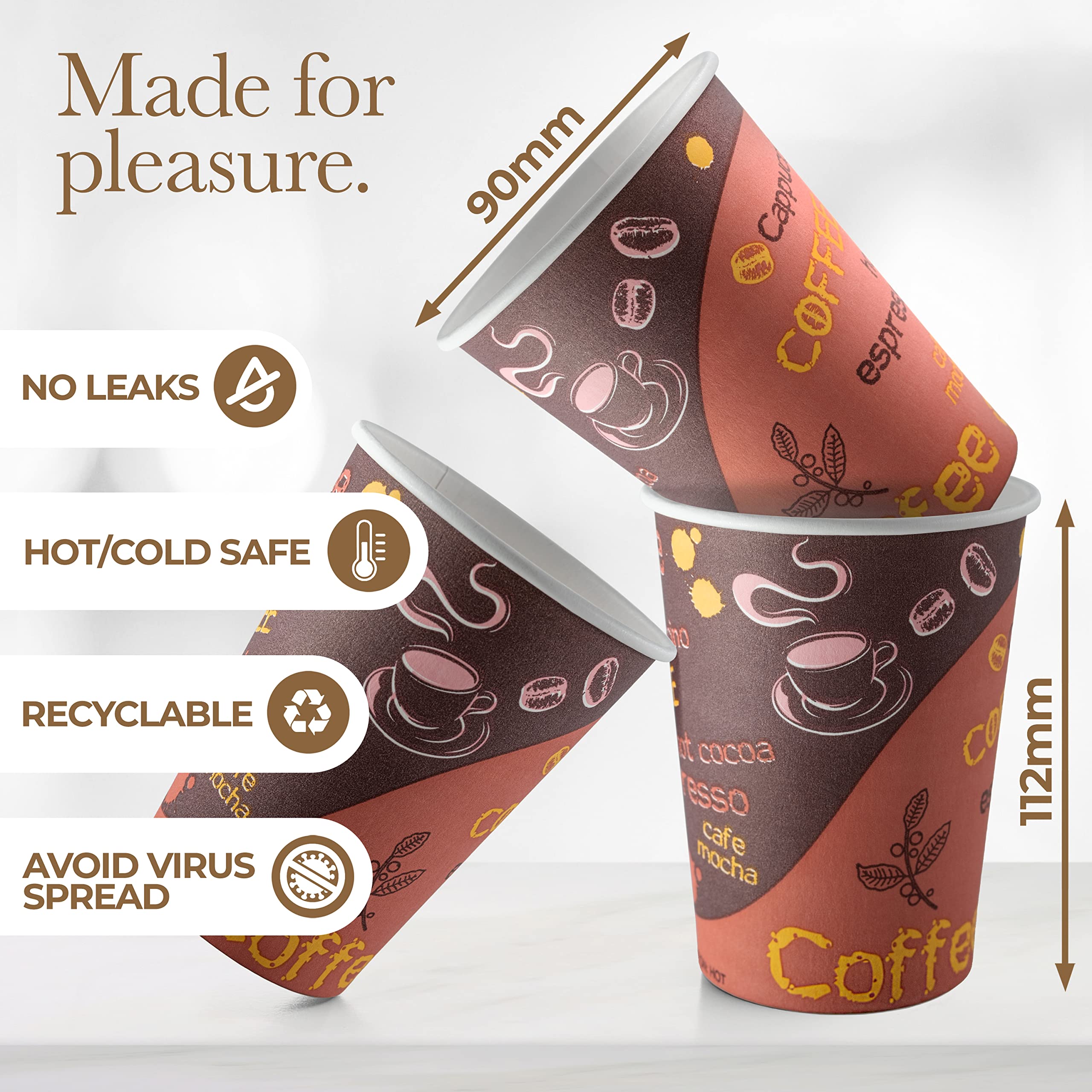 Disposable Coffee Cups with Lids 12 oz (100 Pack) - To Go Paper Coffee Cups for Hot & Cold Beverages, Tea, Hot Chocolate, Water, Juice, Eco Friendly