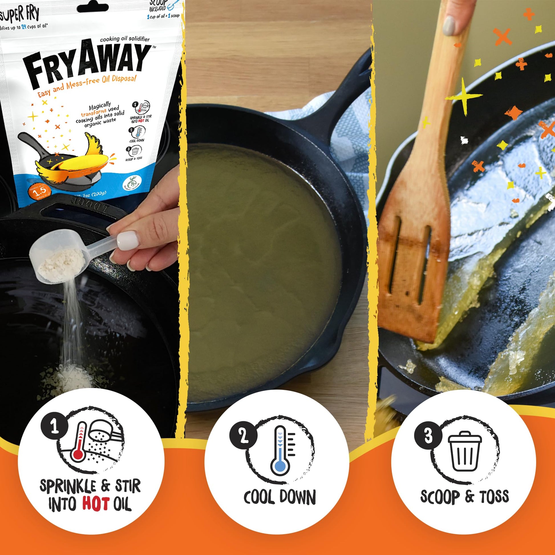 FryAway Cooking Oil Solidifier, Vegetable/Canola Oil Hardener for Easy Disposal, Natural Oils Solidifies, Grease Solidifying Powder, Waste Solution As Seen on Shark Tank, Super Fry, 24 Cups