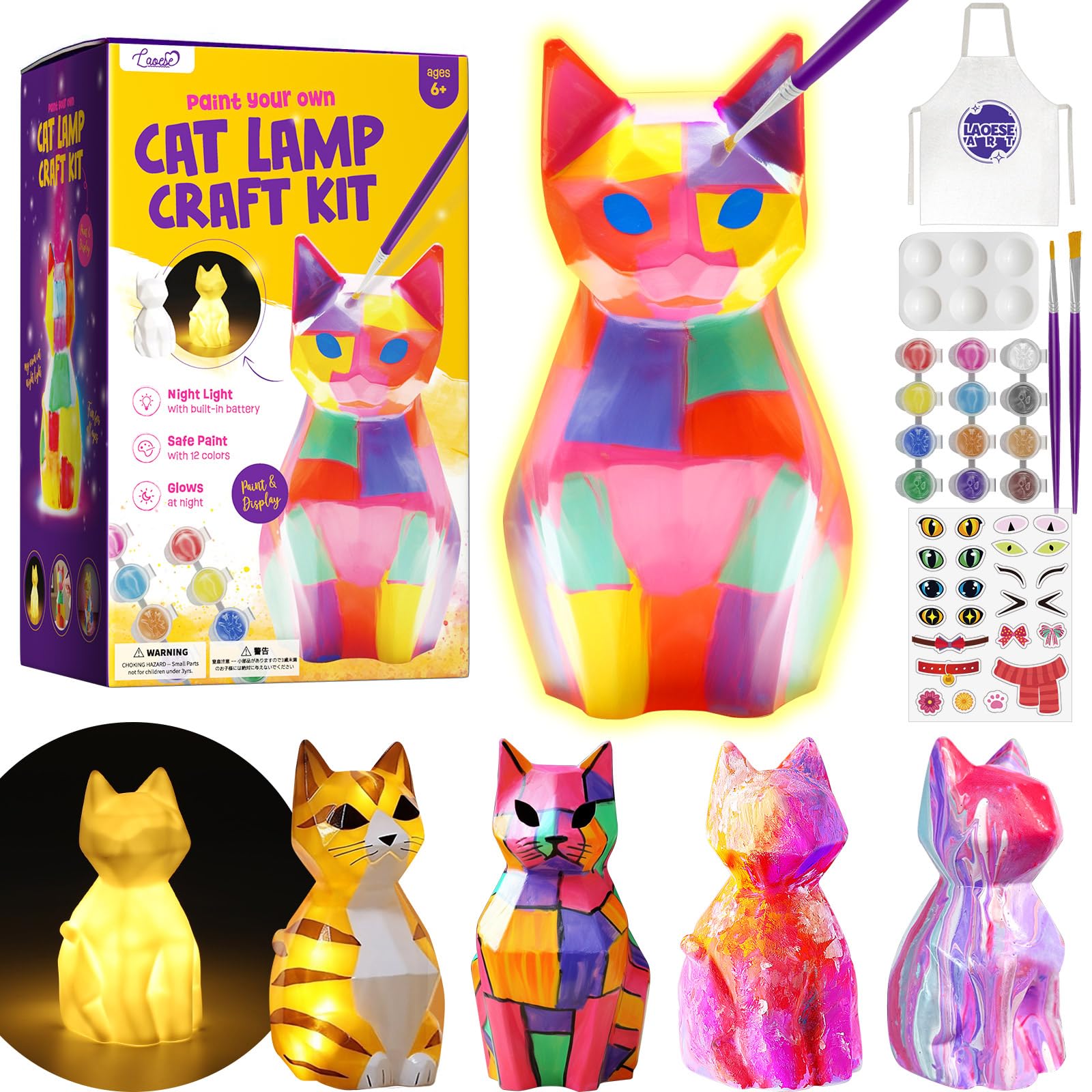 Paint Your Own Cat Lamp Kit, Arts and Crafts for Kids Ages 8-12, Art Supplies Painting kit for Kids 6-12, Cat Night Light Toys Girls Boy Birthday Gift for Kid Ages 3 4 5 6 7 8 9 10 11 12+