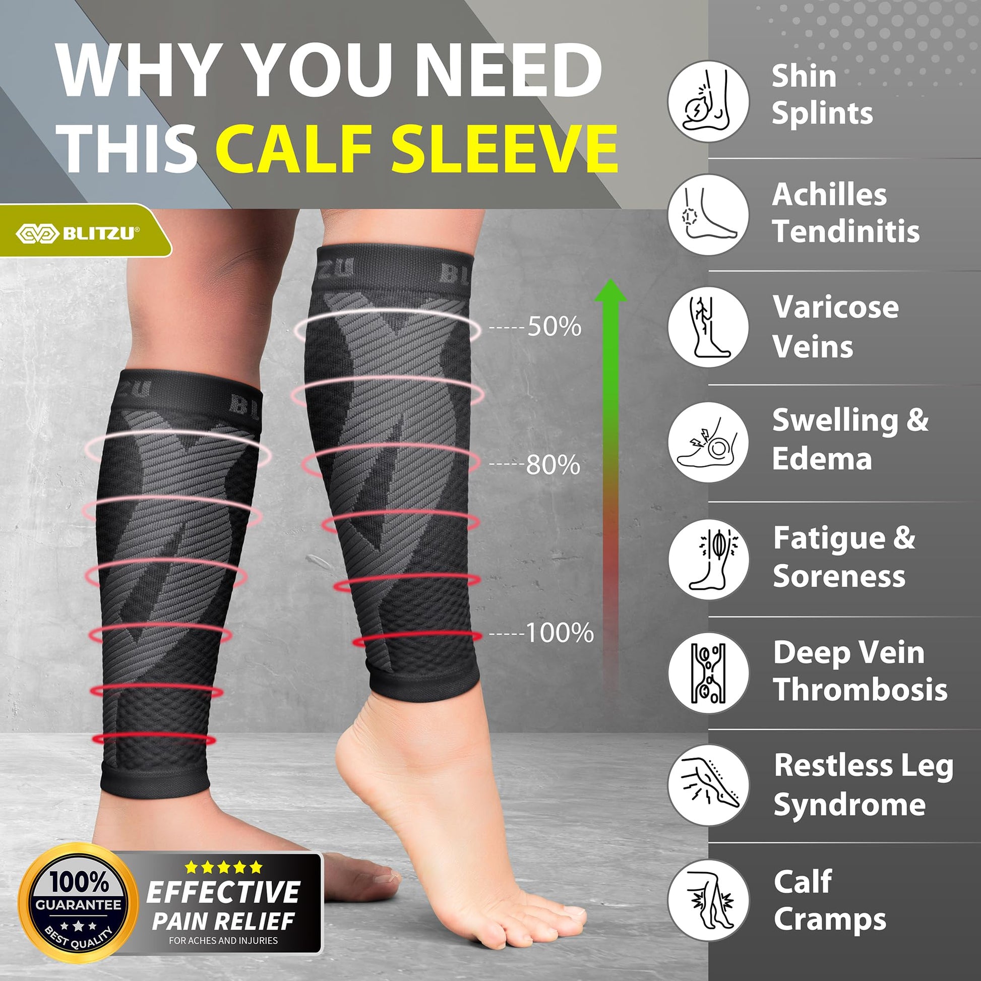 BLITZU Calf Compression Sleeves for Men and Women. Footless Compression Socks Support for Varicose Vein, Nursing, Running. Leg Sleeve Brace for Shin Splints, Pain Relief & Reduces Swelling Black L-XL