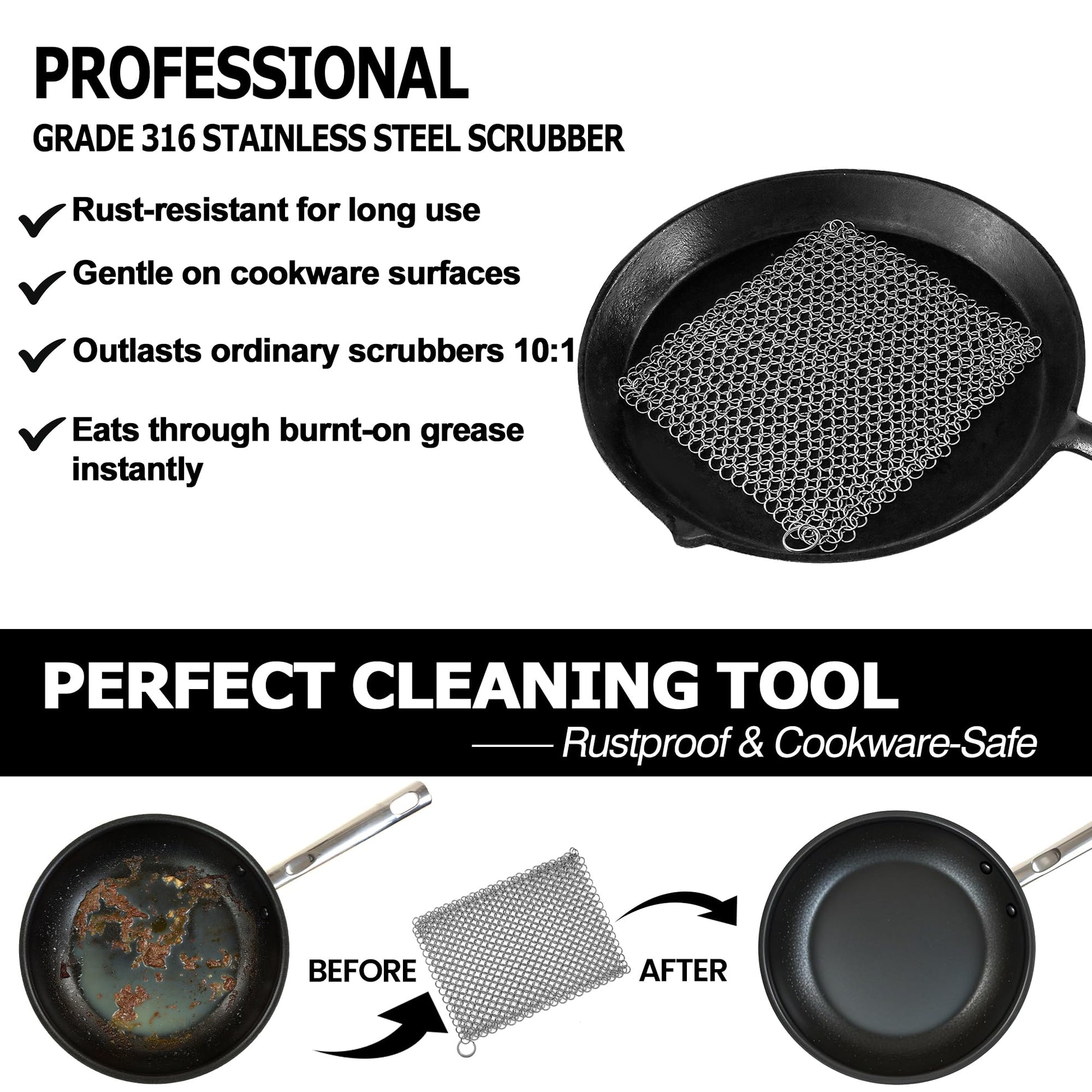 Cast Iron Scrubber 316 Stainless Steel Skillet Cleaner 8"x6" Chainmail Scrubber Scraper Chain Mail Link Scrub for Cast Iron Pre-Seasoned Pans, Griddles, BBQ Grills, and Pot Cookware Cleaning