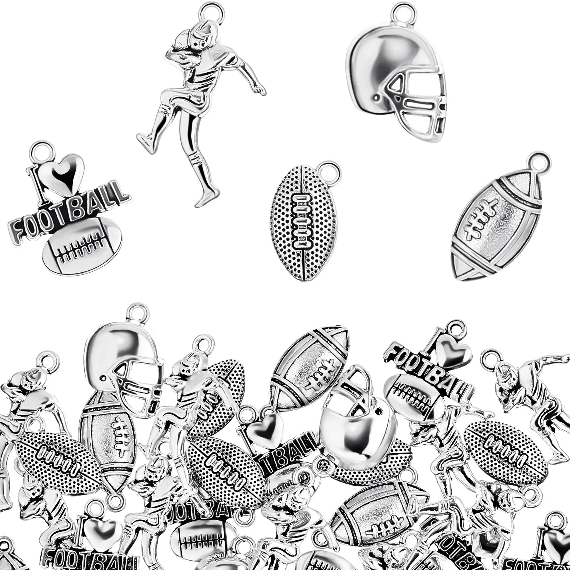 Blulu 70 Pcs Football Charms Mixed Silver Football Player's Bat Beads Pendants Necklace Crafting Sport Charms Jewelry Making Findings Accessory DIY Necklace Bracelet