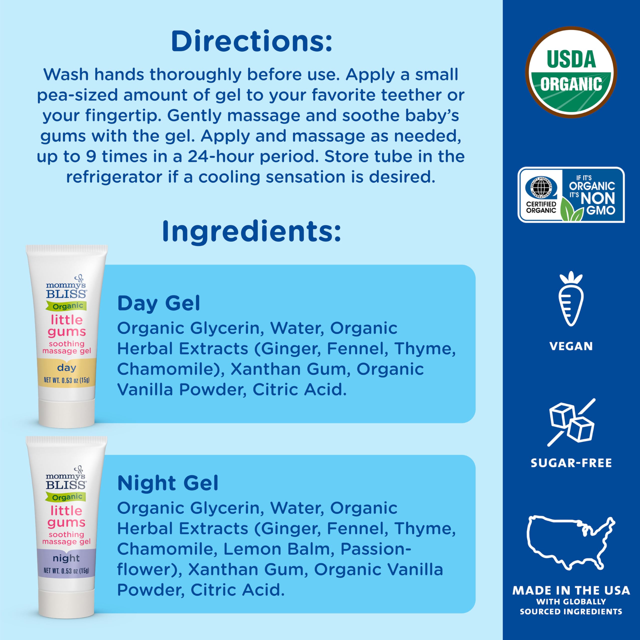 Mommy's Bliss Organic Little Gums Soothing Massage Gel Day and Night Combo, Great for Teething Babies, Age 2 Months+, Sugar Free, Mild & Sweet Flavor, 2 - 0.53 Oz Tubes (Pack of 1)