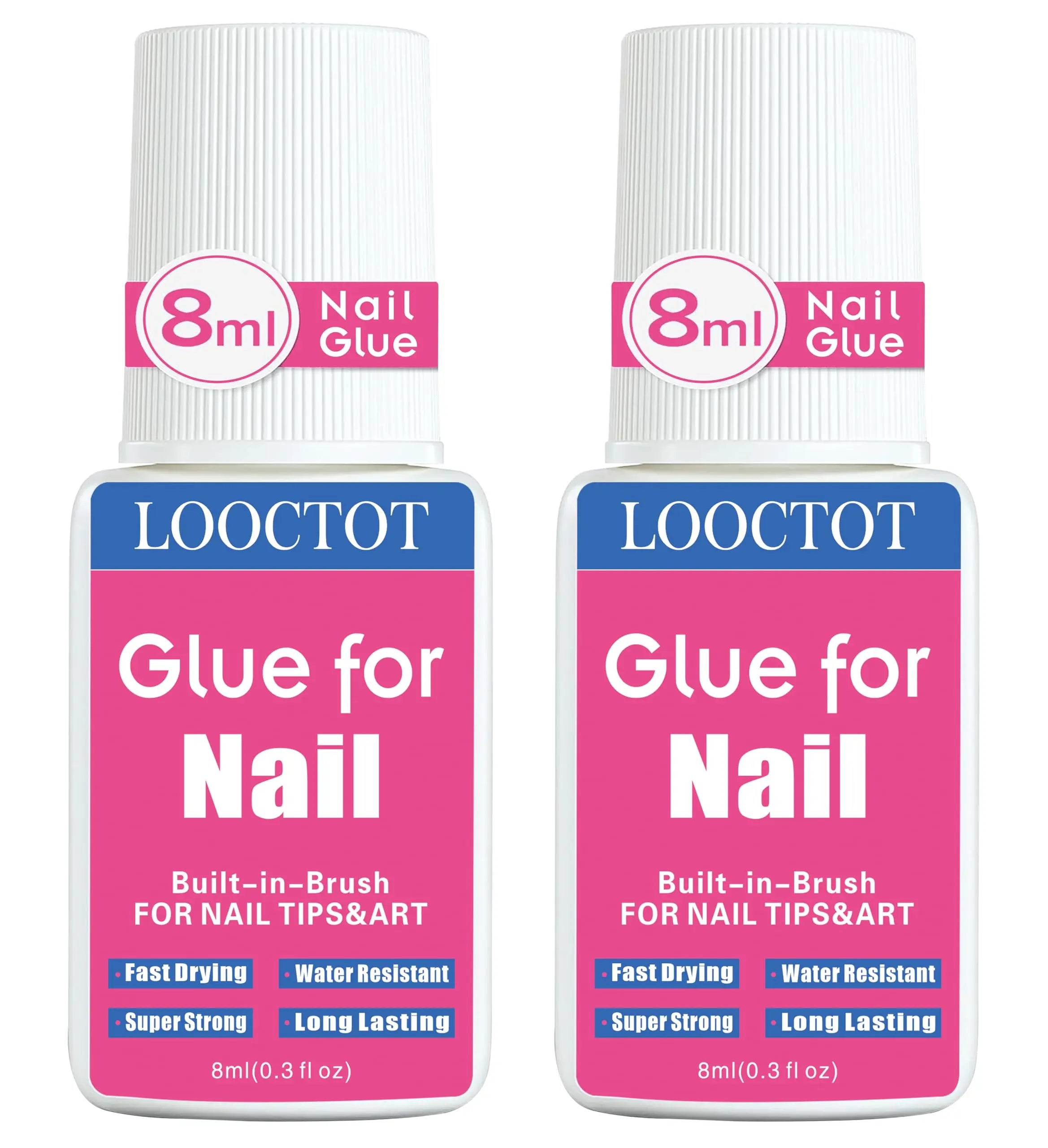 Super Strong Nail Glue for Nail Tips,Acrylic Nails and Press on Nails,Built in Brush on Nail Glue for Press on Nails,Long Lasting Nail Cement(8ml*2)