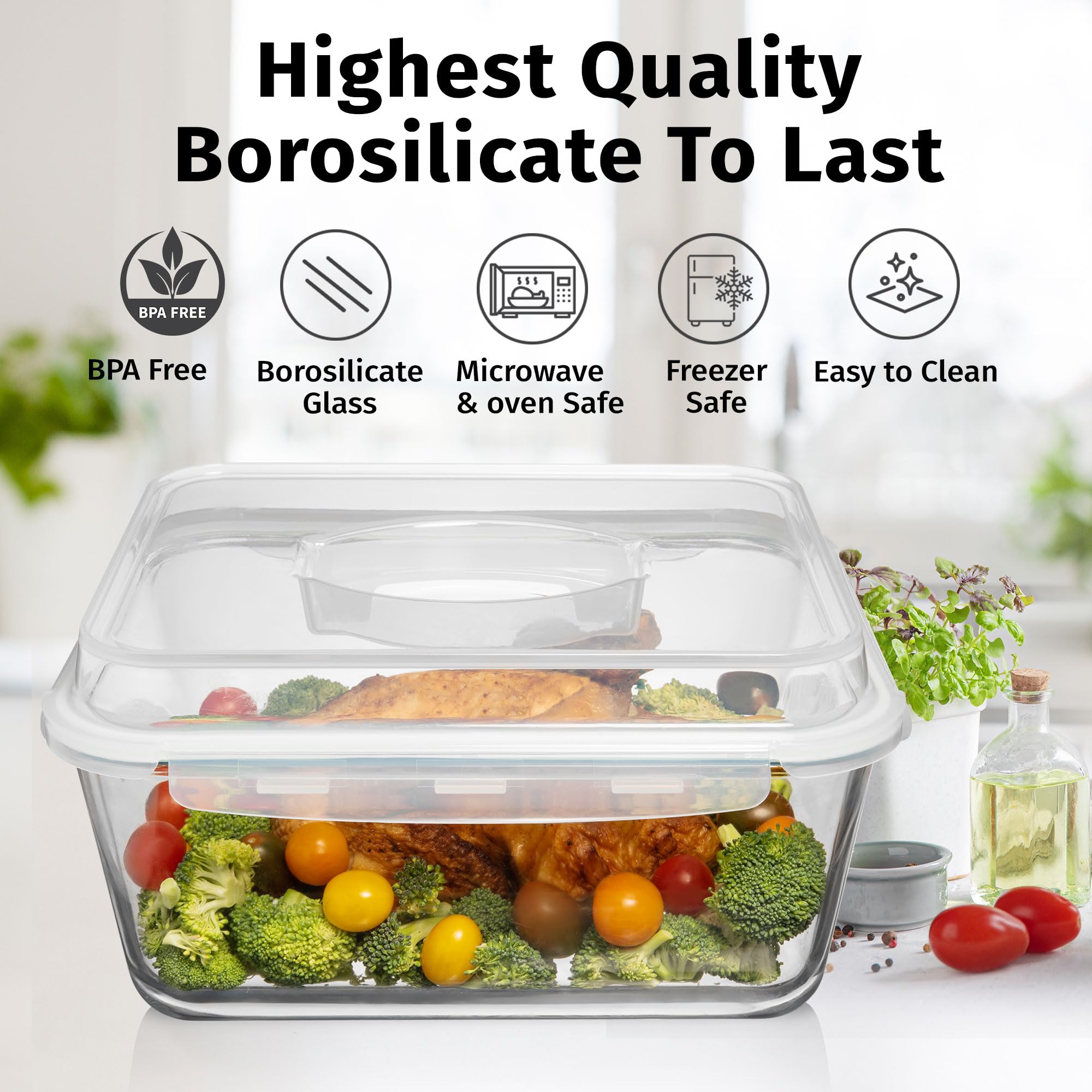 6500 ML / 220 oz / 28 Cup LARGE Glass Food Storage Container with Airtight Locking Lid. Ideal Storing food, Vegetables, Fruits. Baking Casserole, Lasagna, Roasting Turkey, Chicken BPA Free Oven Safe
