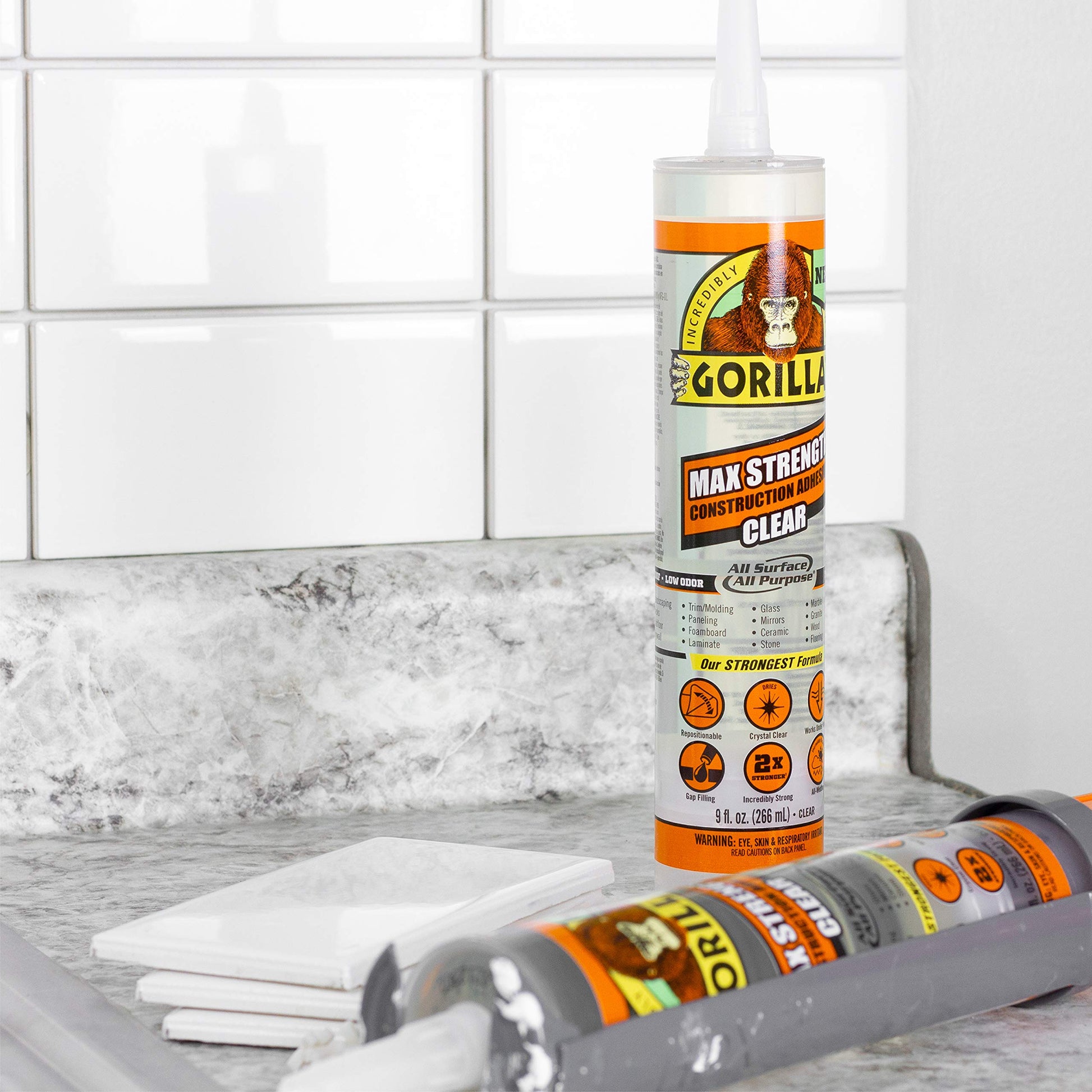 Gorilla Max Strength Construction Adhesive, Clear Glue, 9 Ounce Cartridge (Pack of 1) - Gap Filling and Waterproof