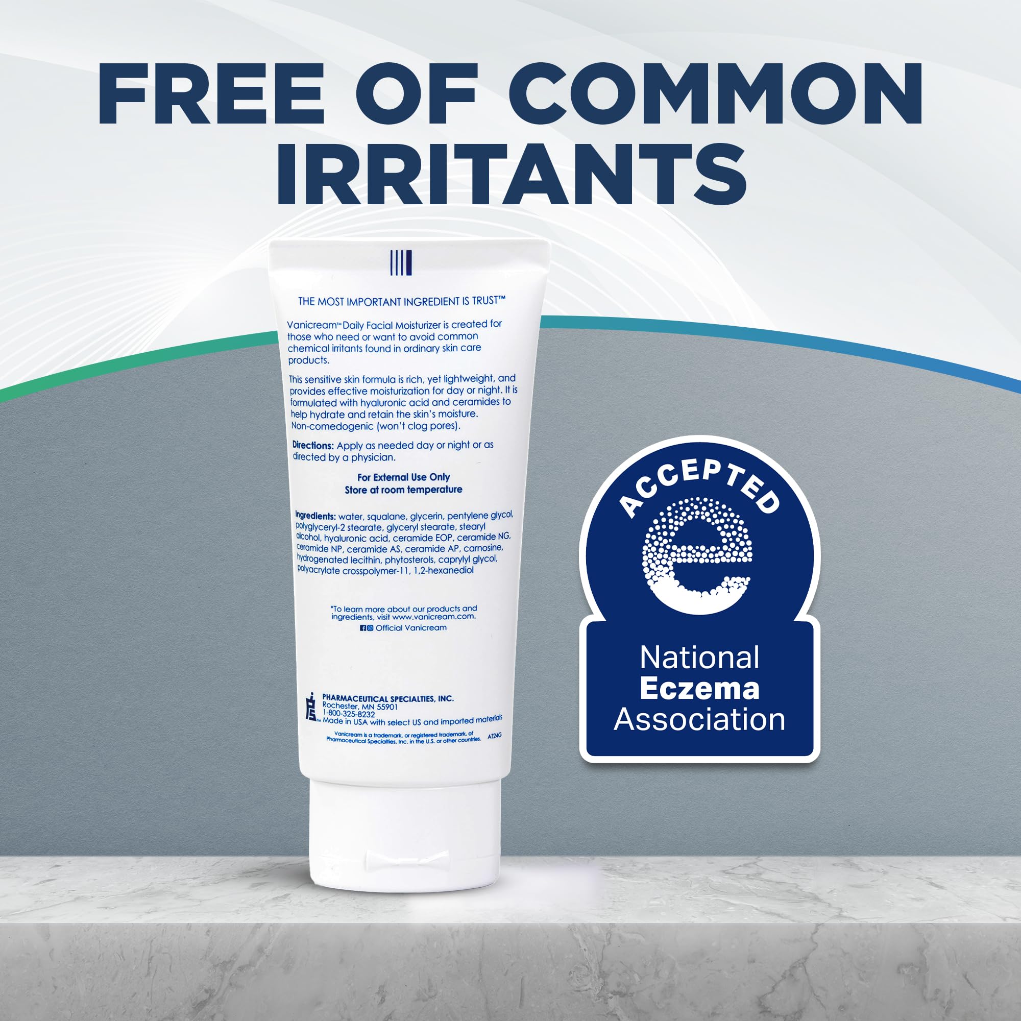 Vanicream Daily Facial Moisturizer With Ceramides and Hyaluronic Acid - Formulated Without Common Irritants for Those with Sensitive Skin, 3 fl oz (Pack of 1)