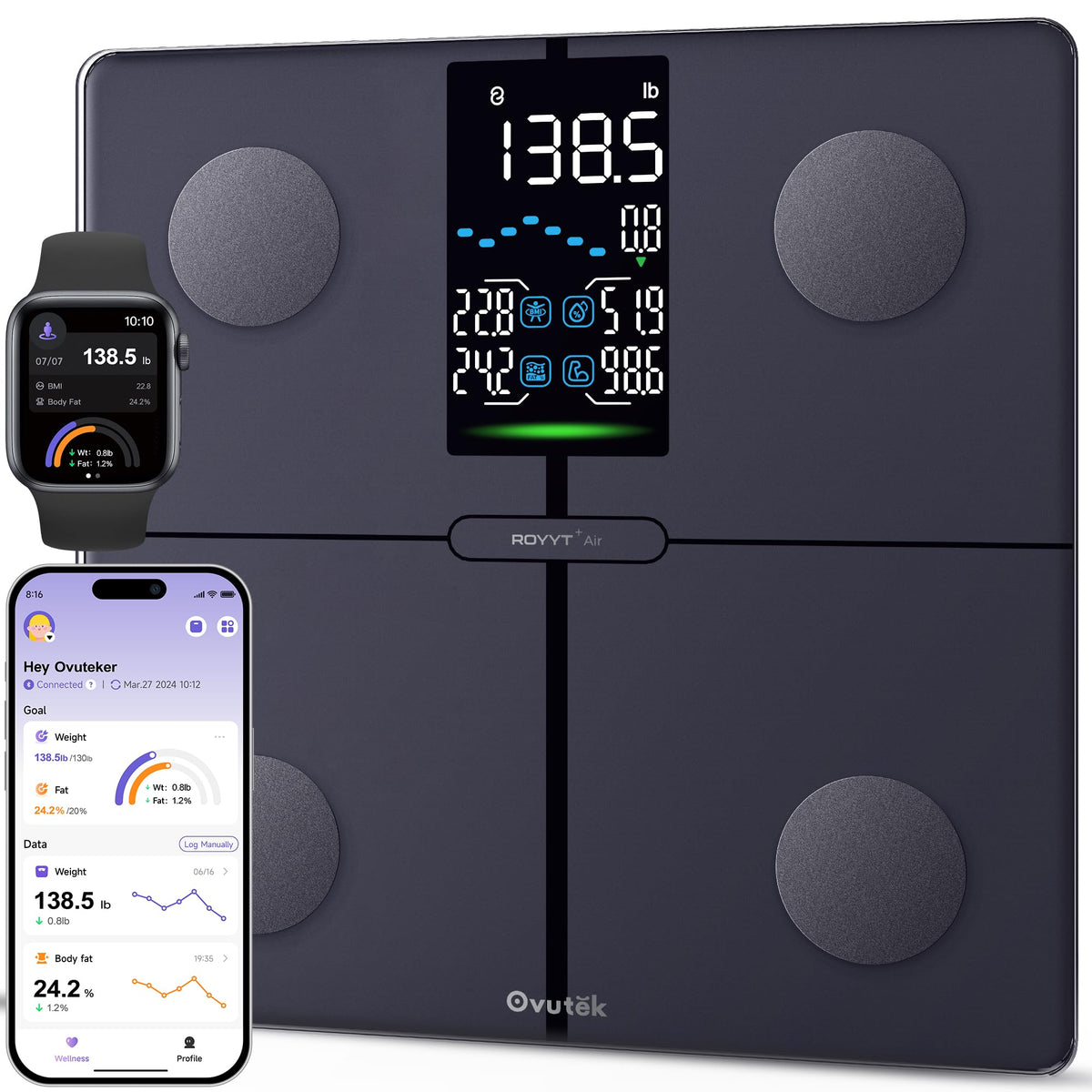 Ovutek Smart-Waage für Körpergewicht, professionelle digitale Personenwaage mit BMI, Körperfett, Muskelmasse, hochpräzise bis zu 0,05 lb, großes Display, hochgenaue Körperzusammensetzungsmaschine mit Fitness-App