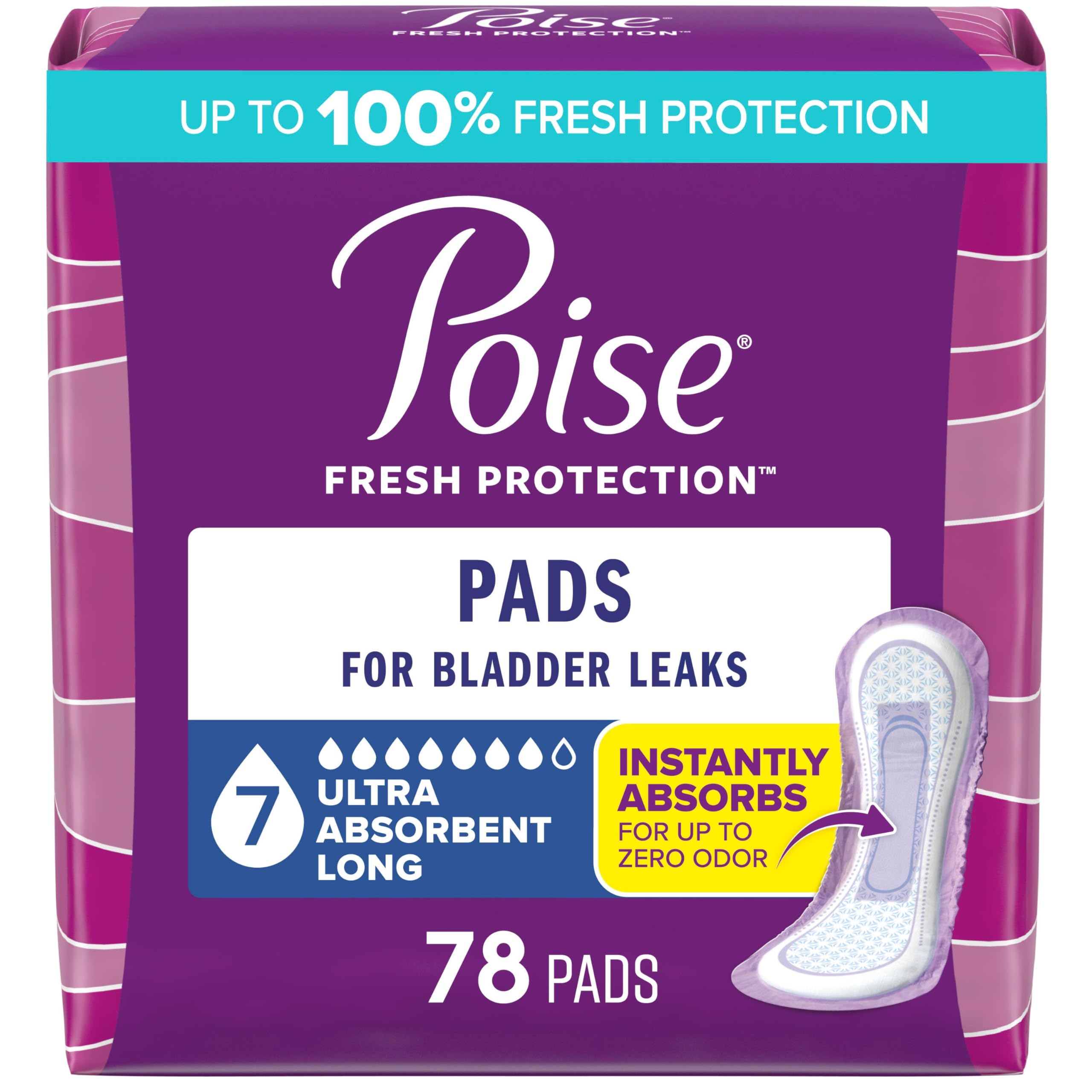 فوط سلس البول وما بعد الولادة من Poise لتسربات المثانة، فائقة الامتصاص 7 قطرات، طول طويل، 78 قطعة، قد تختلف العبوة