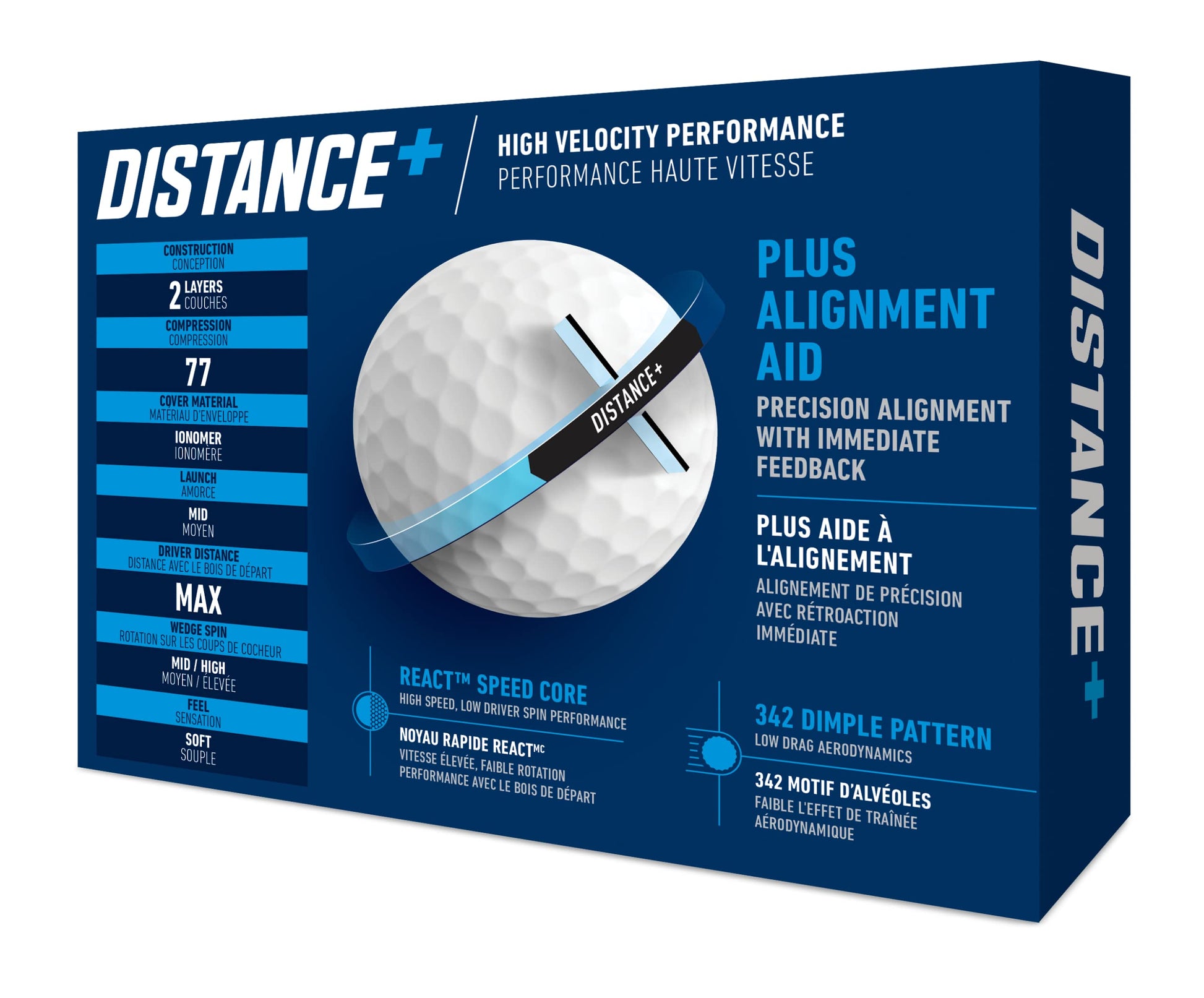 TaylorMade Distance+ Golf Balls, High-Velocity Performance, React Speed Core, Extended Flight Dimple Pattern, 12 Count, White