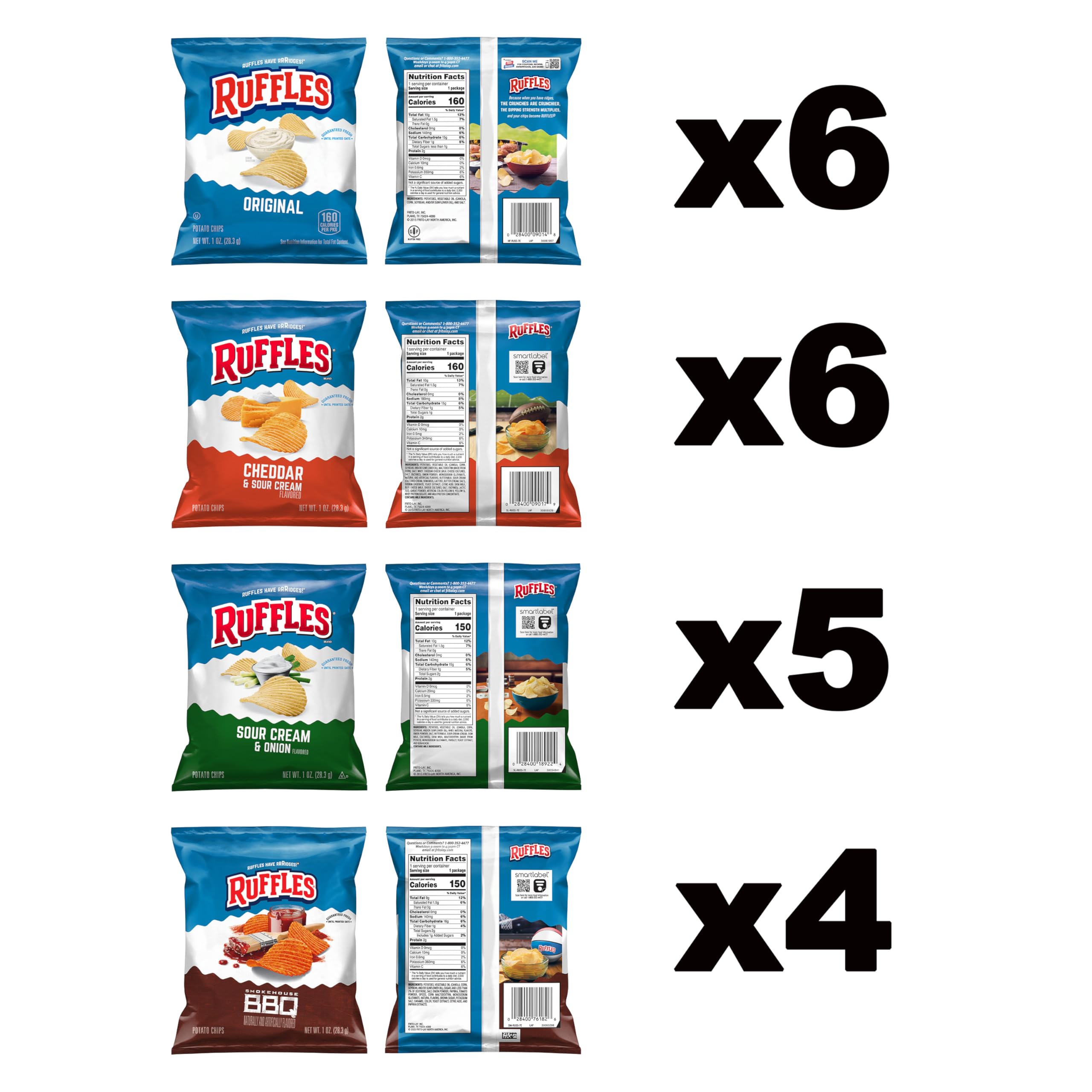 Ruffles Potato Chips, 4 Flavor Variety Pack, 1 oz Bags (Pack of 21)