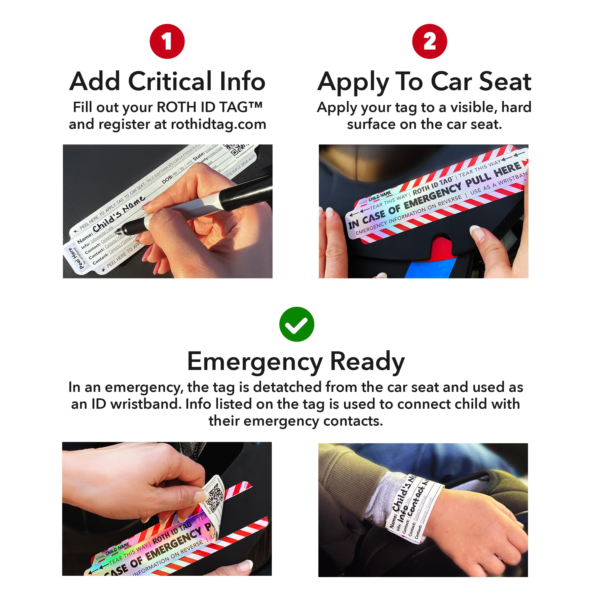 Original ROTH ID TAG™ Kit | Emergency Contact Identification System for Car Seats, Red, White, Black