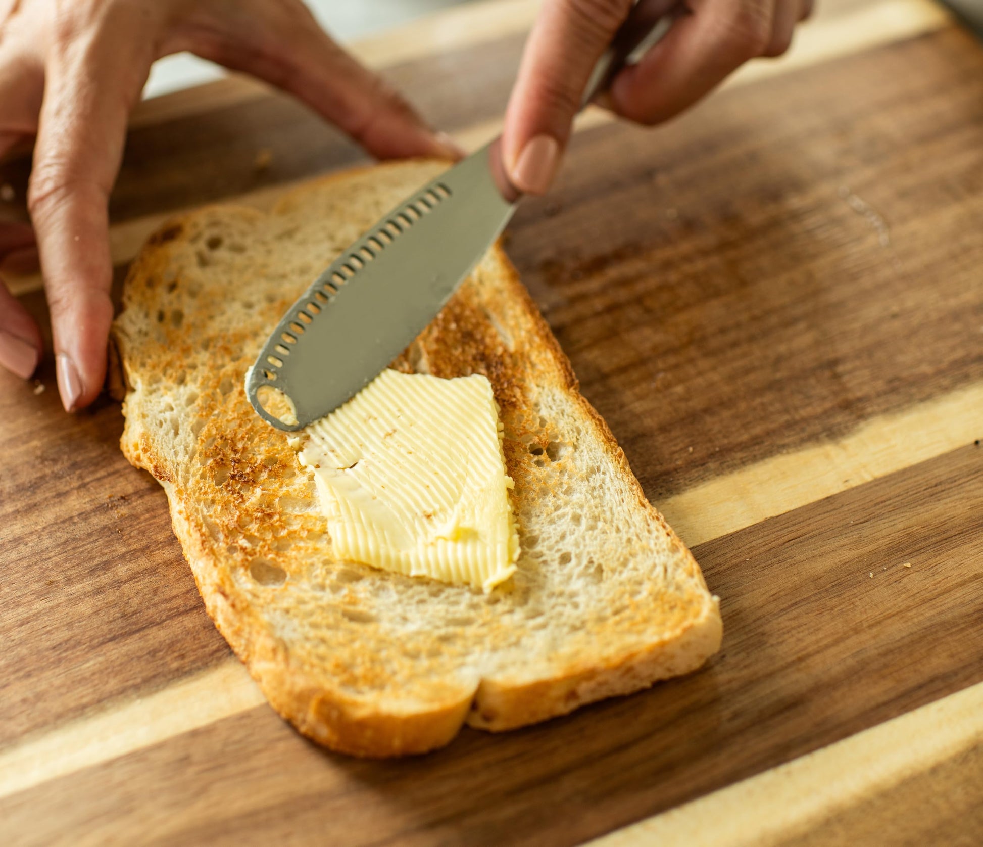 Houseify READY BUTTER 3-in-1 Butter Knife - Stainless Steel Serrated Knife With Holes in Blade - Cold Butter Spreader, Curler & Micro Grater - Dishwasher Safe