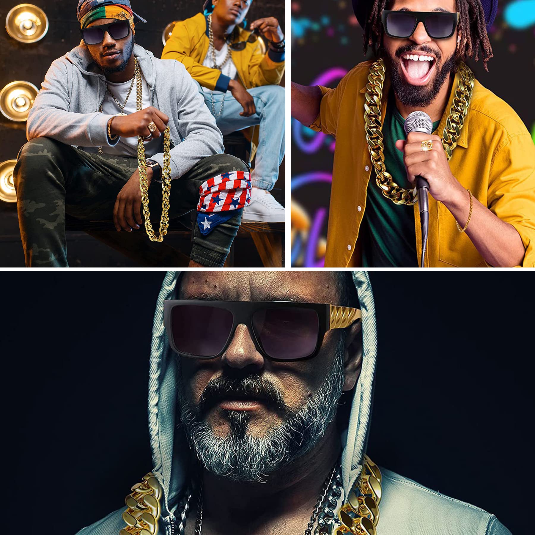 EIELO 80s 90s Accessories Outfit for Men Hip Hop Costume Kit Old School Rapper Sunglasses Faux Gold Rope Chain Bracelet Dollar Sign Chain Ring Kanji Ring Halloween Party Decorations