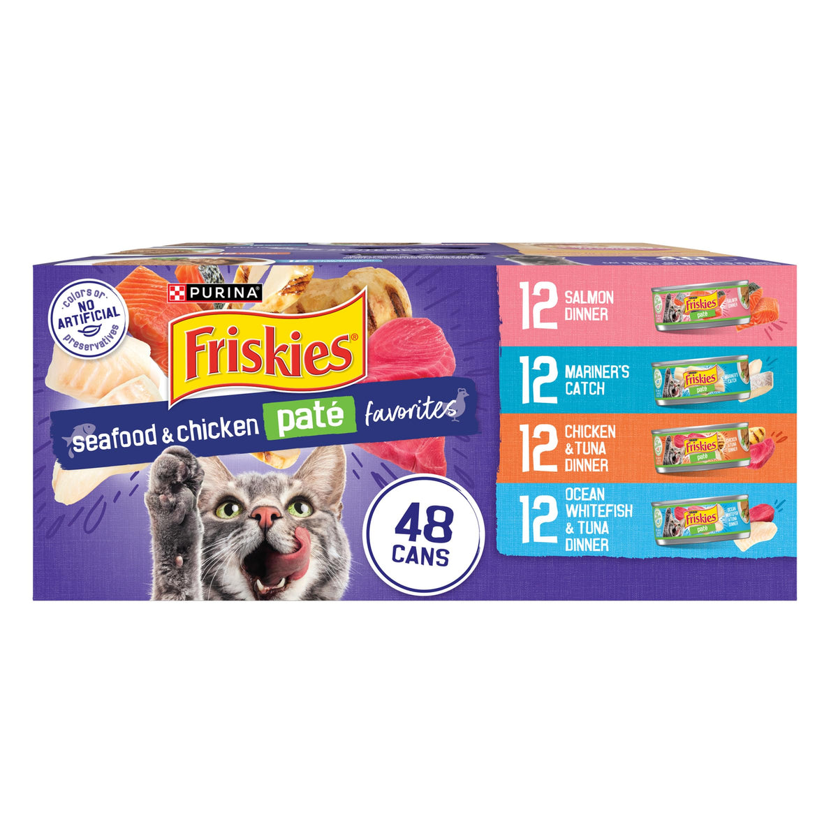 Purina Friskies Paté Nassfutter für Katzen, Multipack, Meeresfrüchte und Hühnchen Paté Favorites – 48 Stück Dose