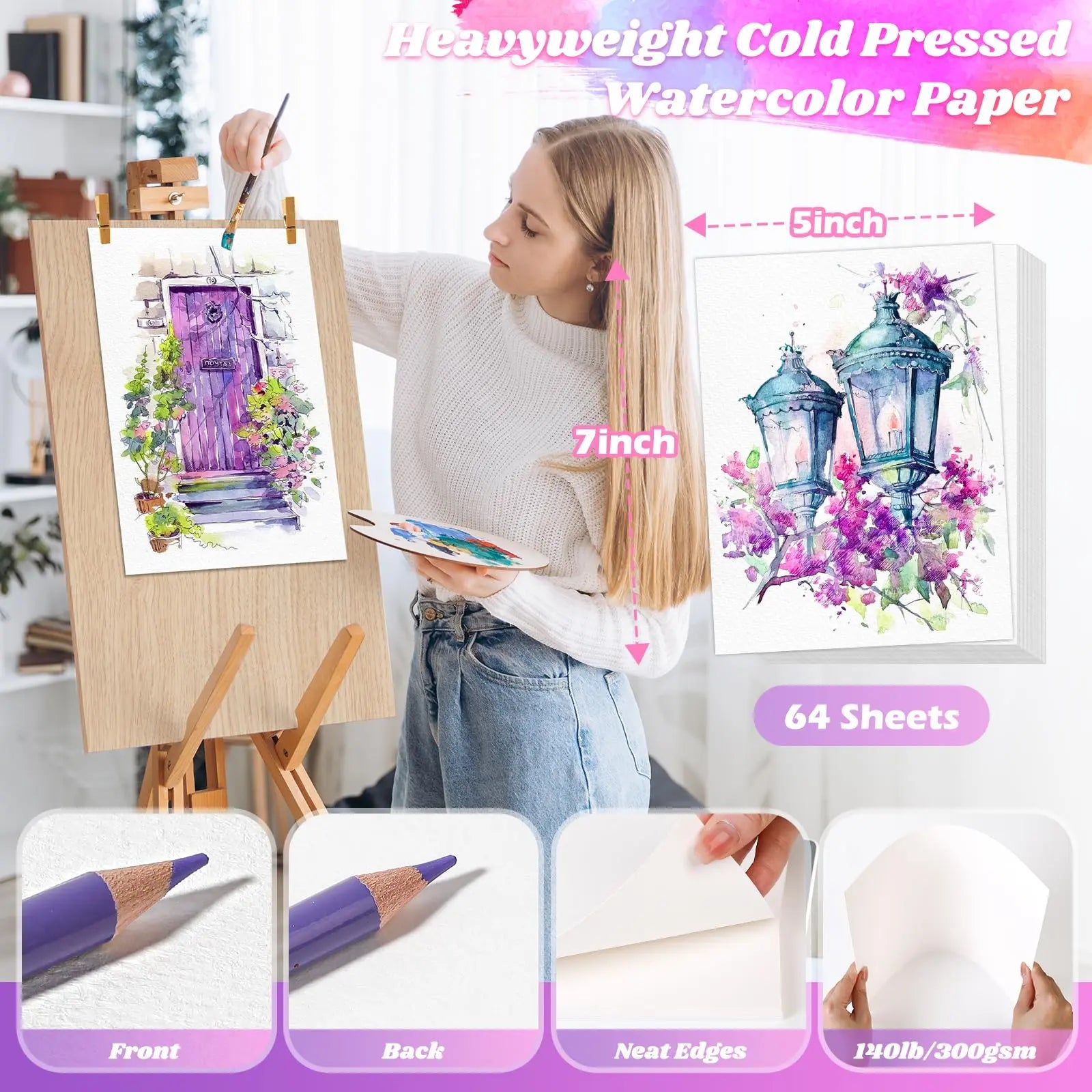 64 Sheets Watercolor Paper, 5"x7" Water Color Paper, 140lb/300gsm Artist Sketch Easel Acrylic Painting Loose Drawing Paper Bulk, Art Supplies for Kids Child Adults, Watercolors, Watercolor Paint Set