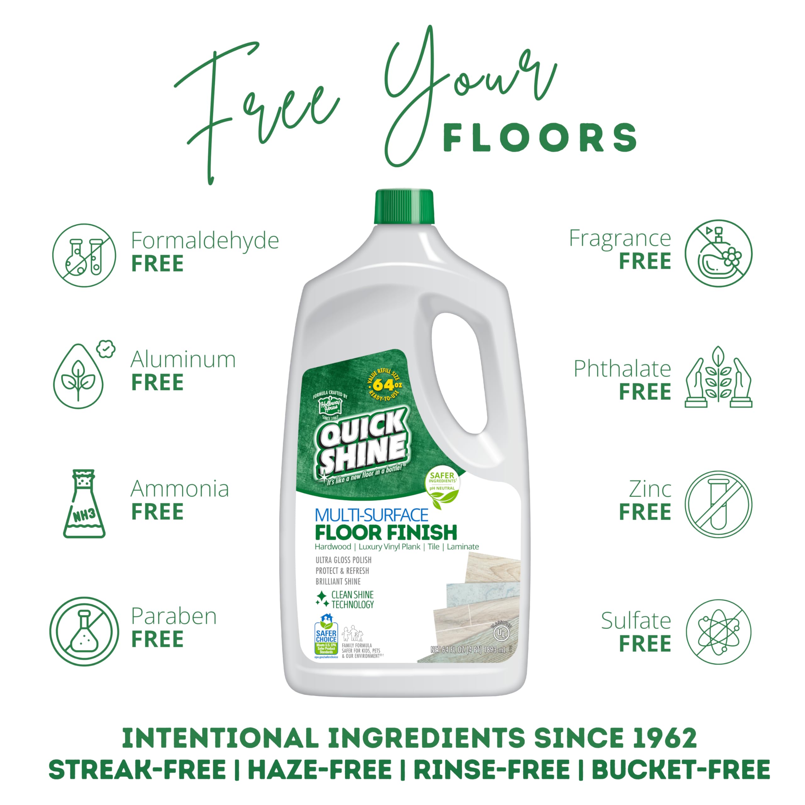 Quick Shine Multi Surface Floor Finish 64oz | Cleaner & Polish to use on Hardwood, Laminate, Luxury Vinyl Plank LVT, Tile & Stone | Safer Choice w/Clean Shine Technology | Shine-Protect-Refresh