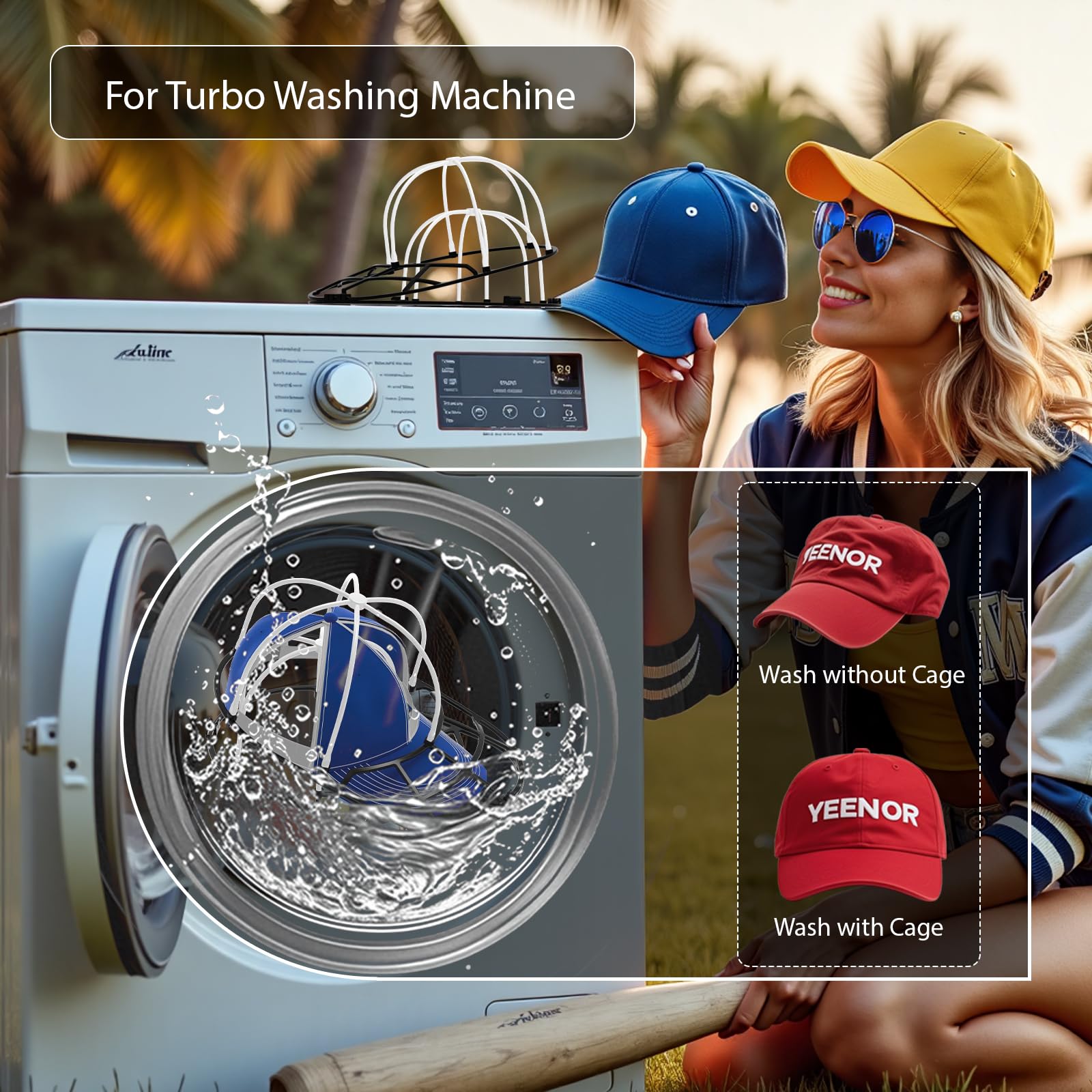 YEENOR Hat Washer Cage for Washing Machine - Baseball Cap Cleaner Rack, Ball Cap Washing, Dishwasher Safe, Perfect for Cleaning and Protecting Hats in Dishwasher (White/Black 1 Pack (Assembly))