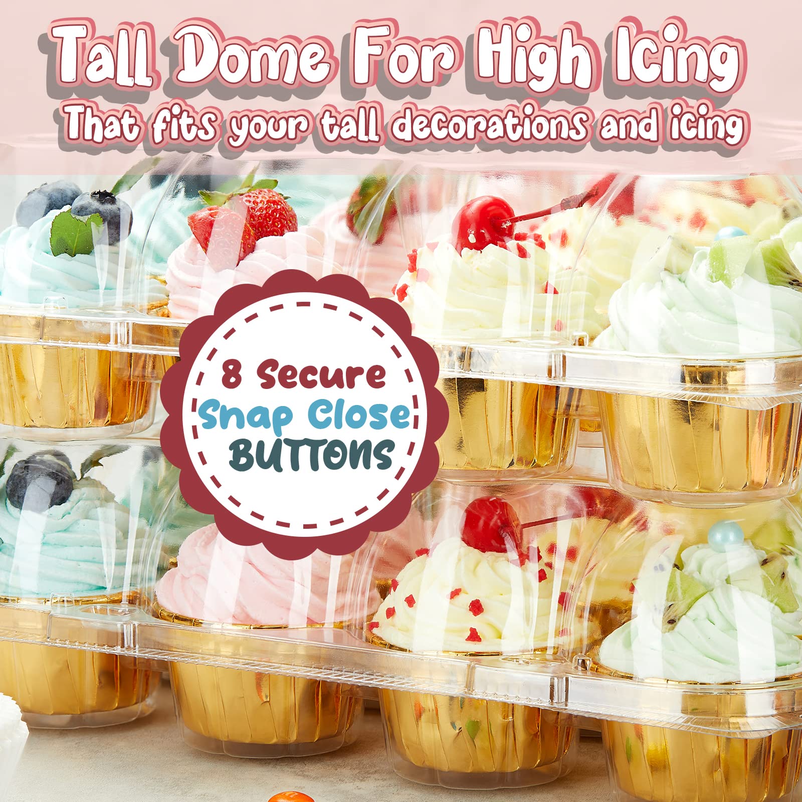 Gencywe (12 Pack x 20 Sets) Stackable Cupcake Carrier with 240 Pack Liners, Plastic Cupcake Boxes Holders for 12 Cupcakes, High Tall Dome Lid Cupcake Containers, Clear Disposable Cupcake Trays