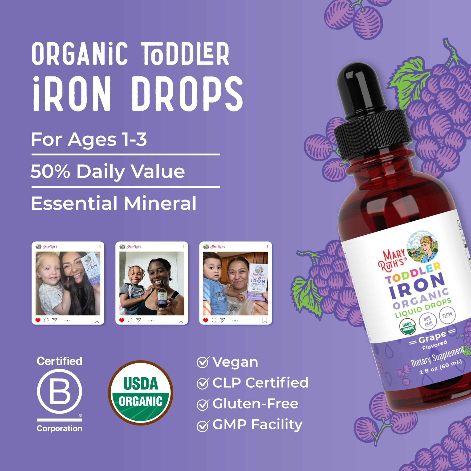 MaryRuth Organics Iron Supplement for Toddlers | Liquid Iron Supplement for Children Ages 1-3 | Iron Supplement for Iron Deficiency | Ferrochel | Sugar Free | Vegan | Non-GMO | Gluten Free | 2 Fl Oz