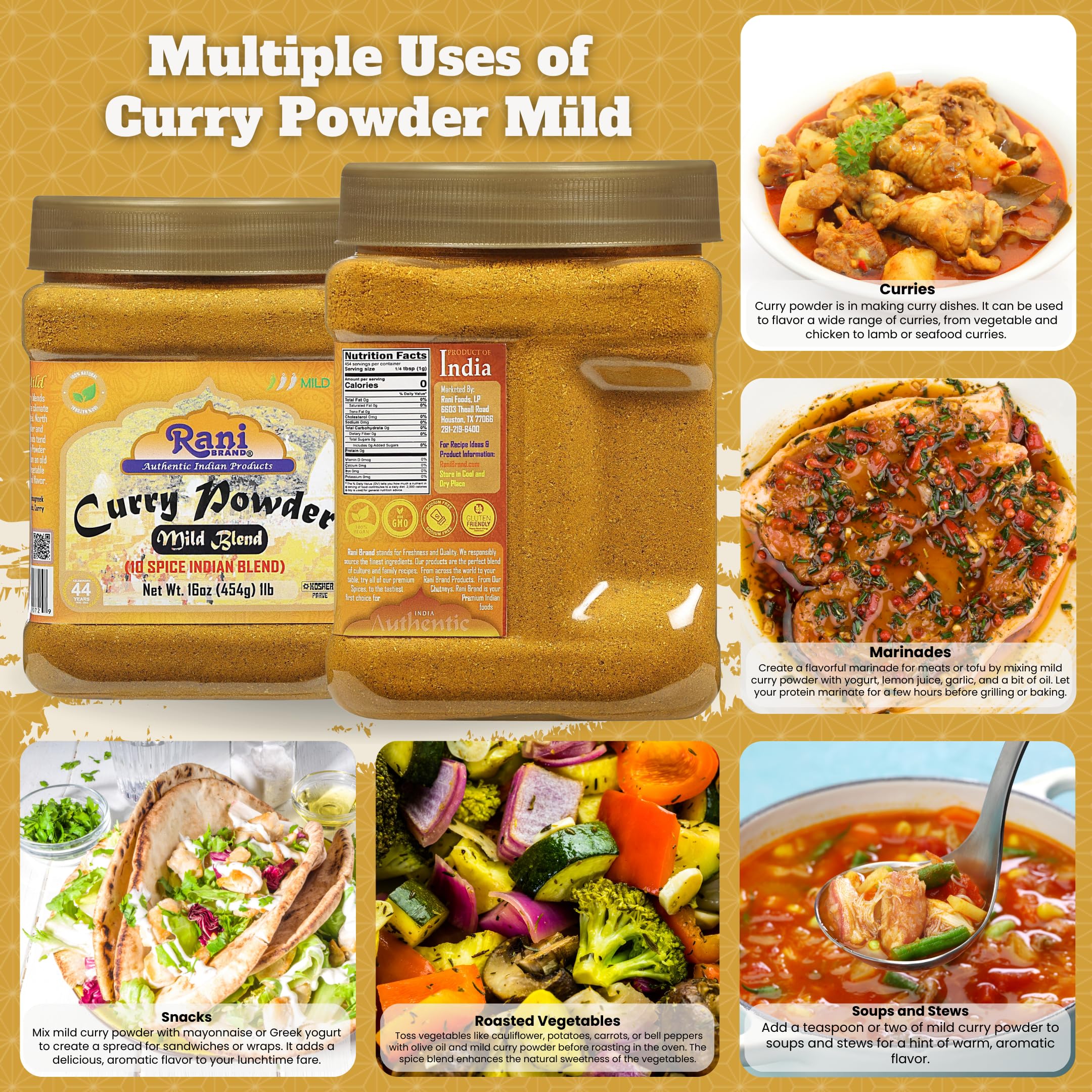 Rani Curry Powder Mild (10-Spice Authentic Indian Blend) 1lb (454g) PET Jar ~ All Natural | Salt-Free | NO Chili or Peppers | Vegan | No Colors | Gluten Friendly | NON-GMO | Kosher | Indian Origin