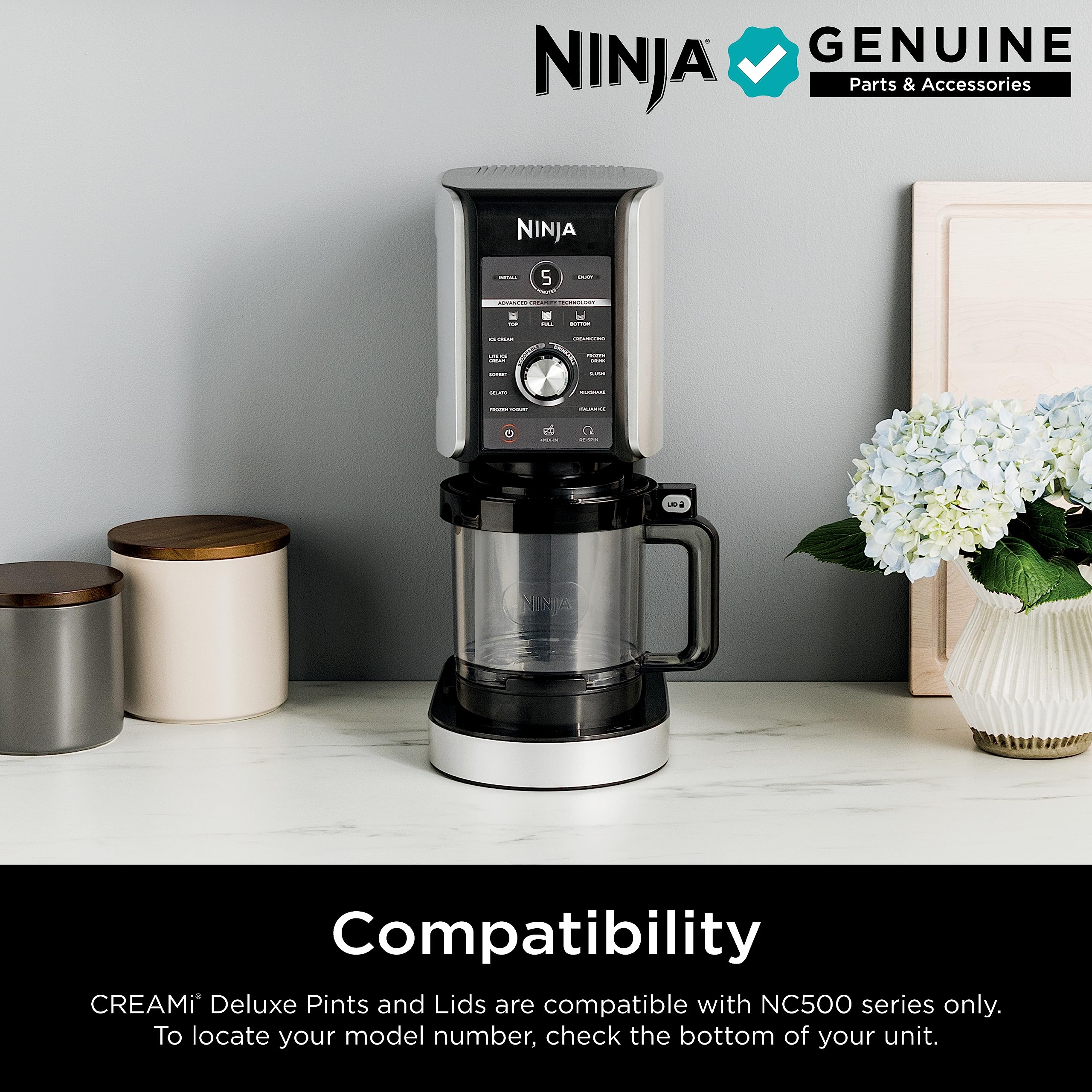 Ninja Creami Deluxe Pints 2 Pack, Compatible with NC500 Series Creami Deluxe Ice Cream Makers, Genuine Ninja Pint, BPA-Free & Dishwasher Safe, Color Lids, 1 Pint Each, Clear/Coral/Yellow, XSKPNTLD2​