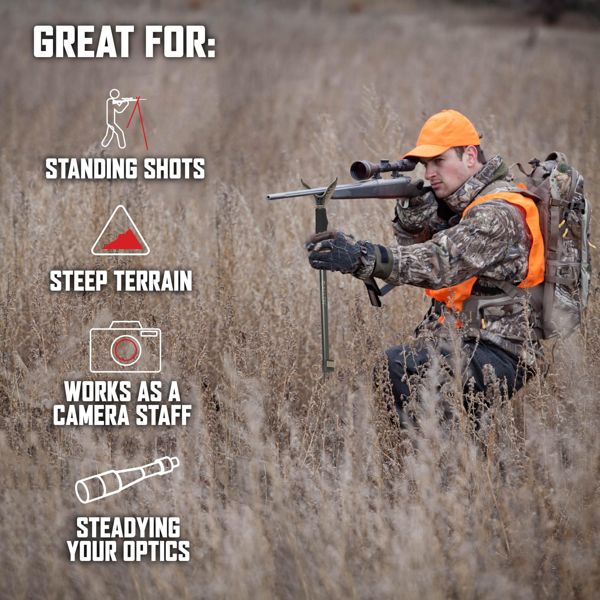 Allen Company Monopod Shooting Stick and Gun Rest - Versatile Hunting Accessories with Adjustable Height - Aluminium,Black