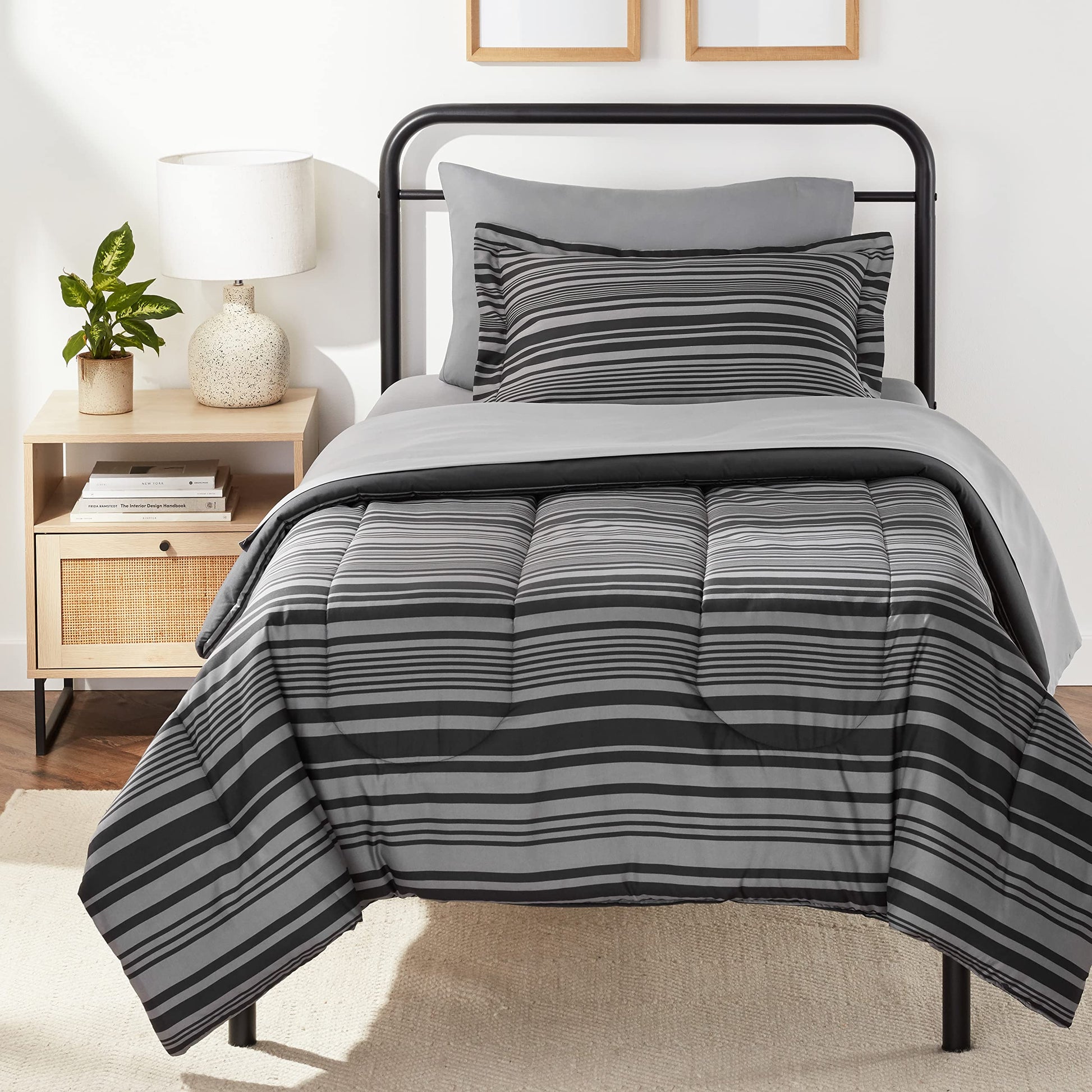Amazon Basics 5-Piece Lightweight Microfiber Comforter Set with Sheets ,Bed-in-a-Bag Sheets, Gray Calvin Striped Bedding, Twin/Twin XL