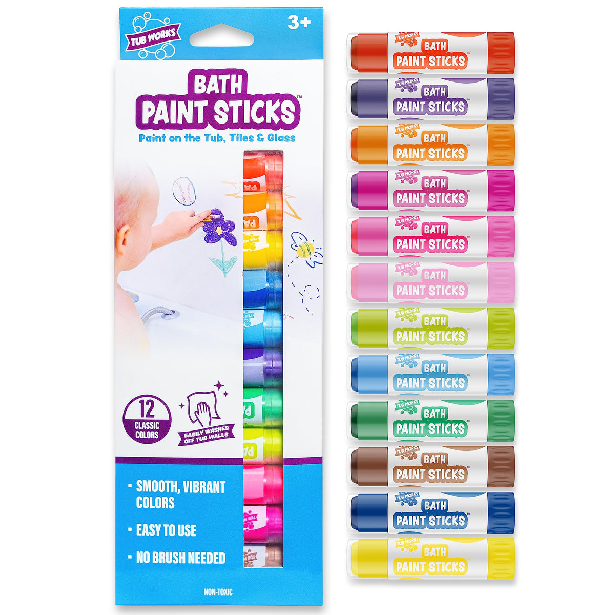Tub Works Bath Paint Sticks Bath Toy, 12 Count | Nontoxic, Washable Bathtub Paint for Kids & Toddlers | Twistable Sticks Draw Smoothly on Tub Walls | Smooth, Vibrant Alternative to Bath Crayons