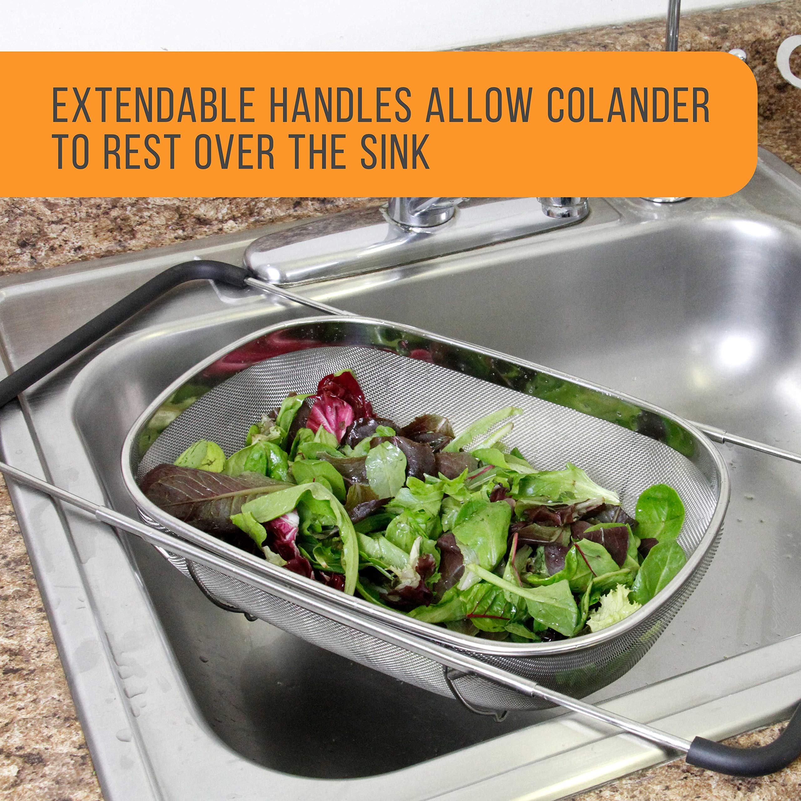 U.S. Kitchen Supply Stainless Steel Colander Strainer - 6-Quart Collapsible Colander with Expandable Rubber Handles - Rectangular Sieve, Fine Mesh Stainless Steel Strainers and Colanders for Kitchen