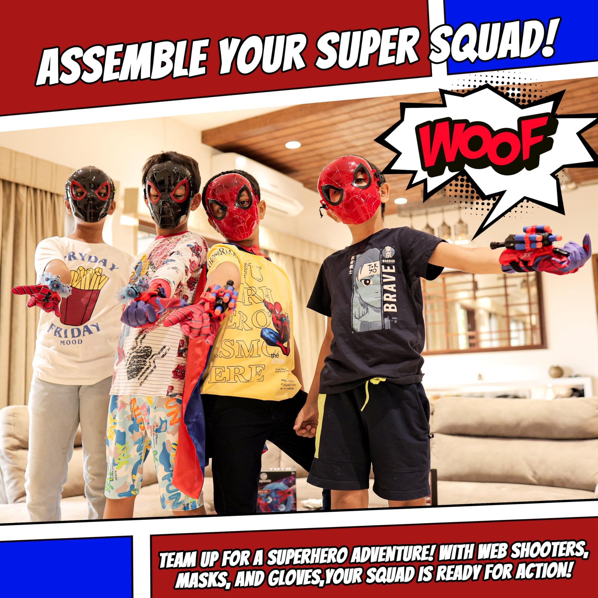 Superhero Web-Slinging Toy Set – 7-in-1 Superhero Set Includes 2 Web Shooters, 2 Hero Masks, 2 Gloves, and 1 Cape – Ideal for Indoor and Outdoor Costume Role-Playing, Imaginative Play for Kids Ages 3+
