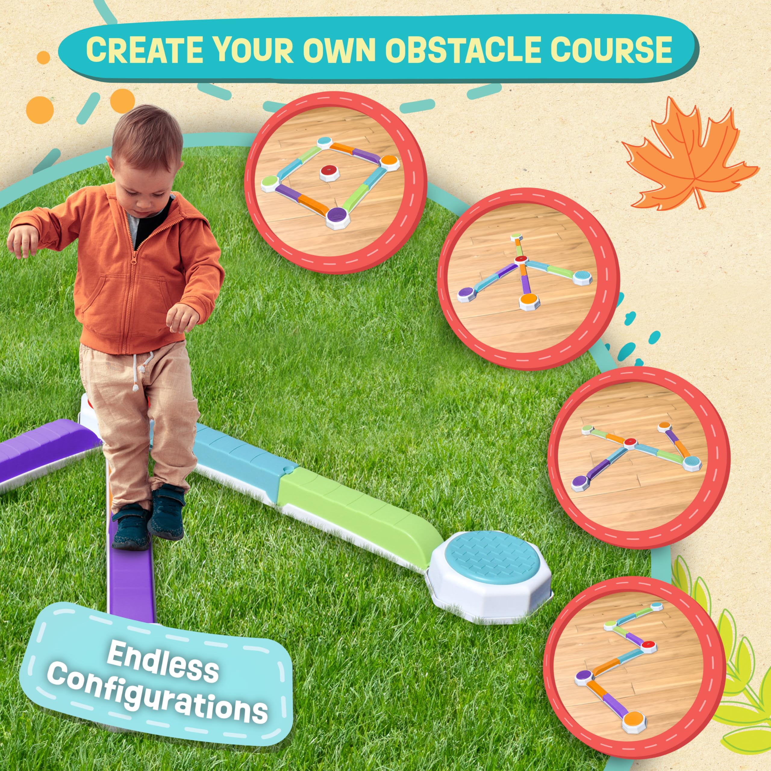 Acorn Avenue Balance Beam and Toddler Stepping Stones for Kids 13 Pieces, Jumping Stepping Stones Balance Beam, Sensory Play Toys for Toddlers, Indoor or Outdoor Play, Easy Stackable Storage