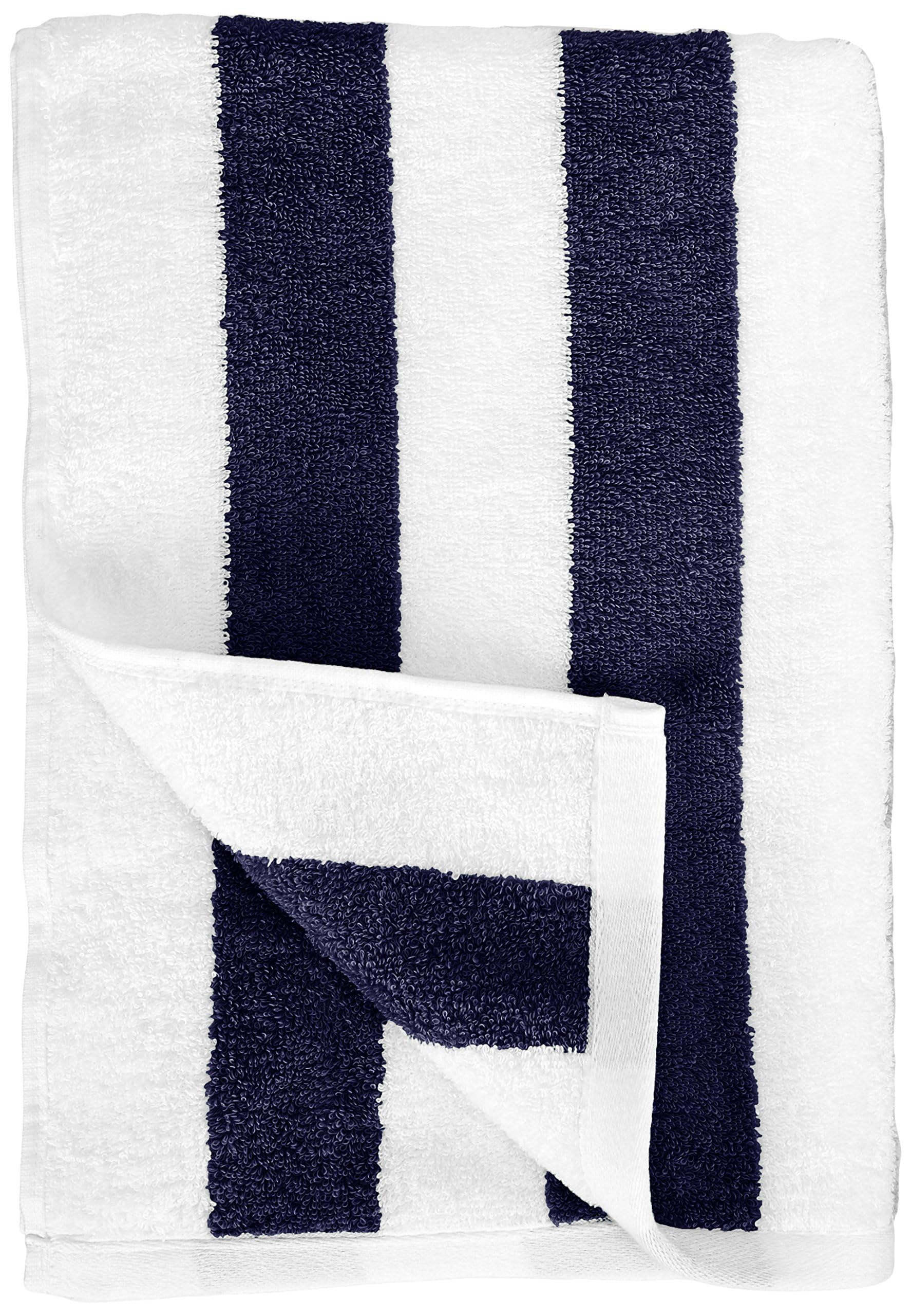 Amazon Basics 100% Cotton Terry Absorbent Cabana Stripe Pool & Beach Towels, Soft, Large, and Thick, 2-Pack, Navy Blue, 30 in x 60 in