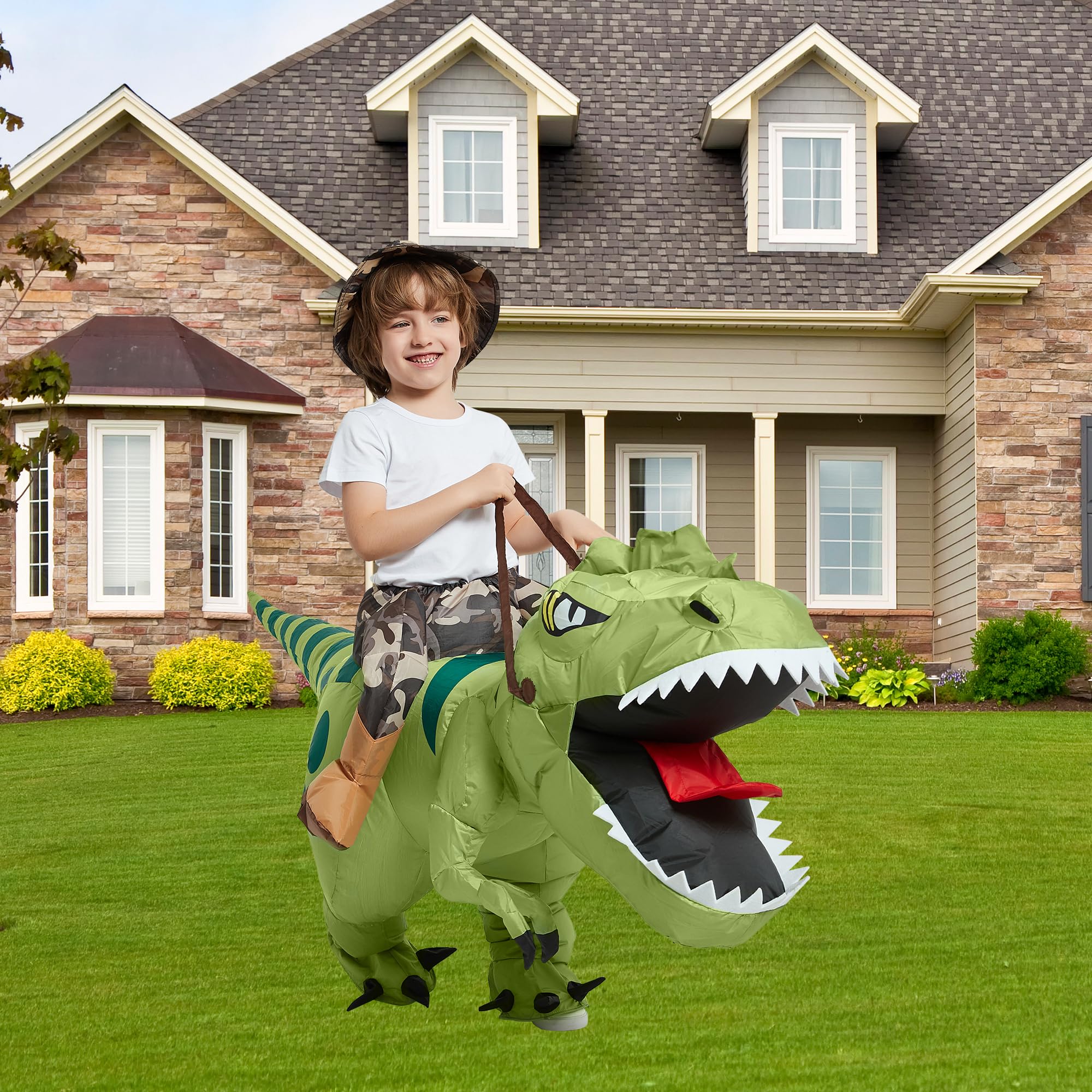 One Casa Inflatable Dinosaur Costume Riding T Rex Air Blow up Funny Fancy Dress Party Halloween Costume for Kids 4-6 Yrs