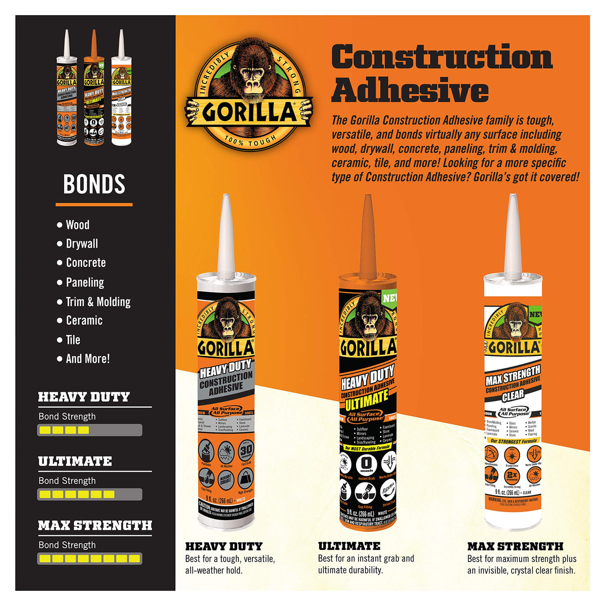 Gorilla Heavy Duty Construction Adhesive, White Glue, 9 Ounce Cartridge (Pack of 1) - Gap Filling and Waterproof