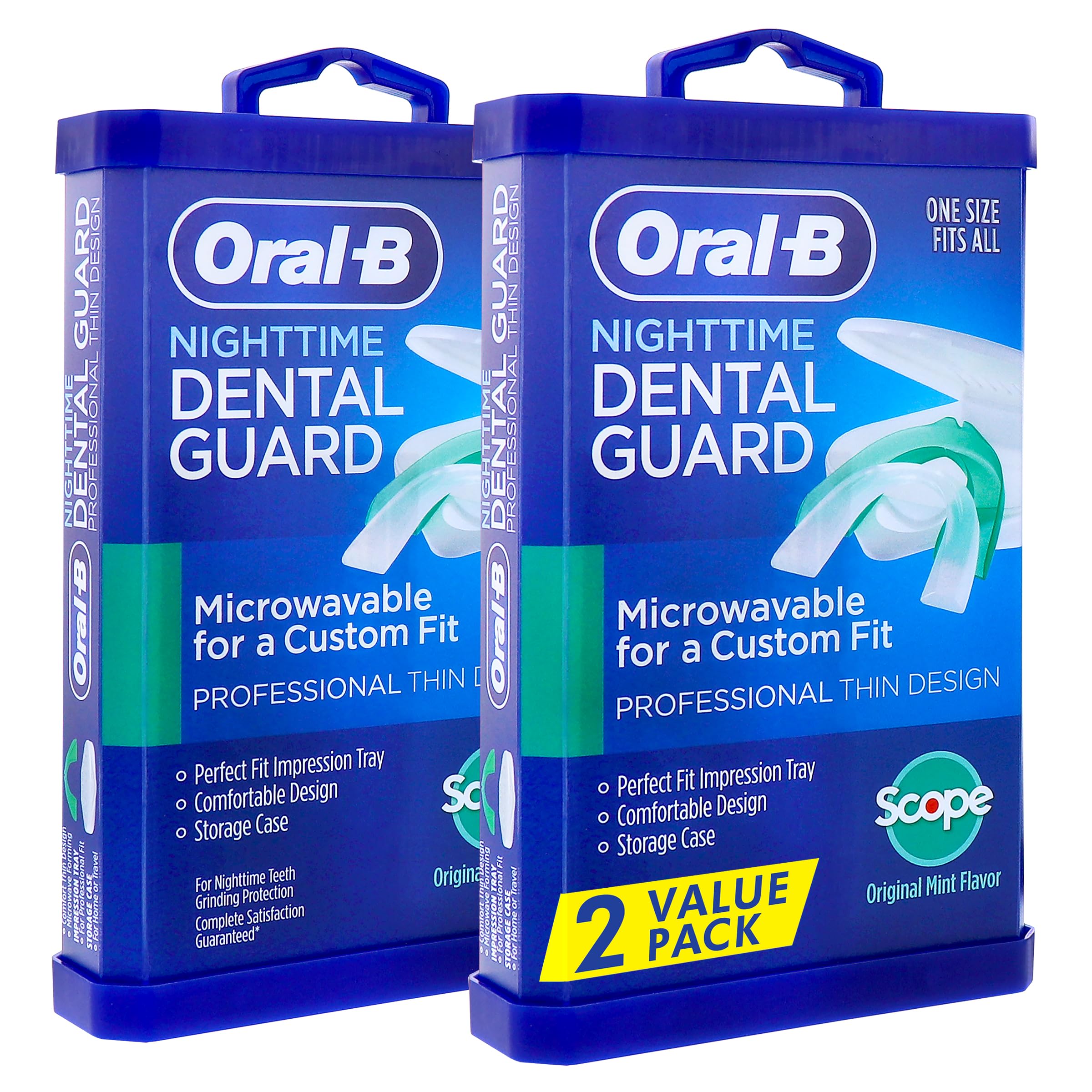 Oral-B Mouth Guard for Grinding Teeth at Night - Nighttime Dental Guard for Sleeping – Moldible Night Guard with Scope Mint Flavor – Less Than 3-Minutes for Custom Teeth Protection - 2 Pack
