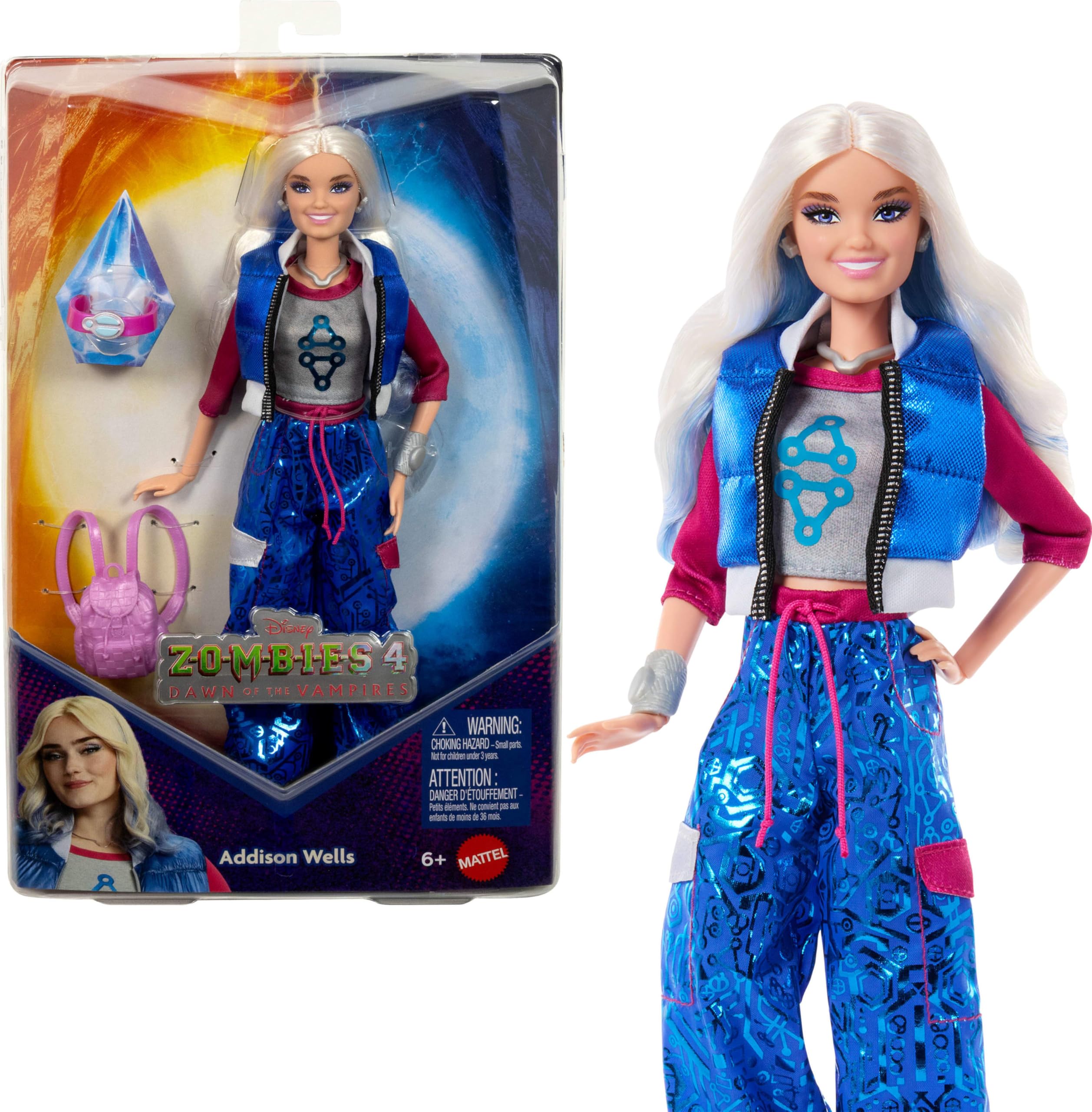 Mattel Disney Zombies 4: Dawn of The Vampires Addison Wells Modepuppe mit abnehmbarem Outfit & 6 Accessoires, inspiriert vom Film