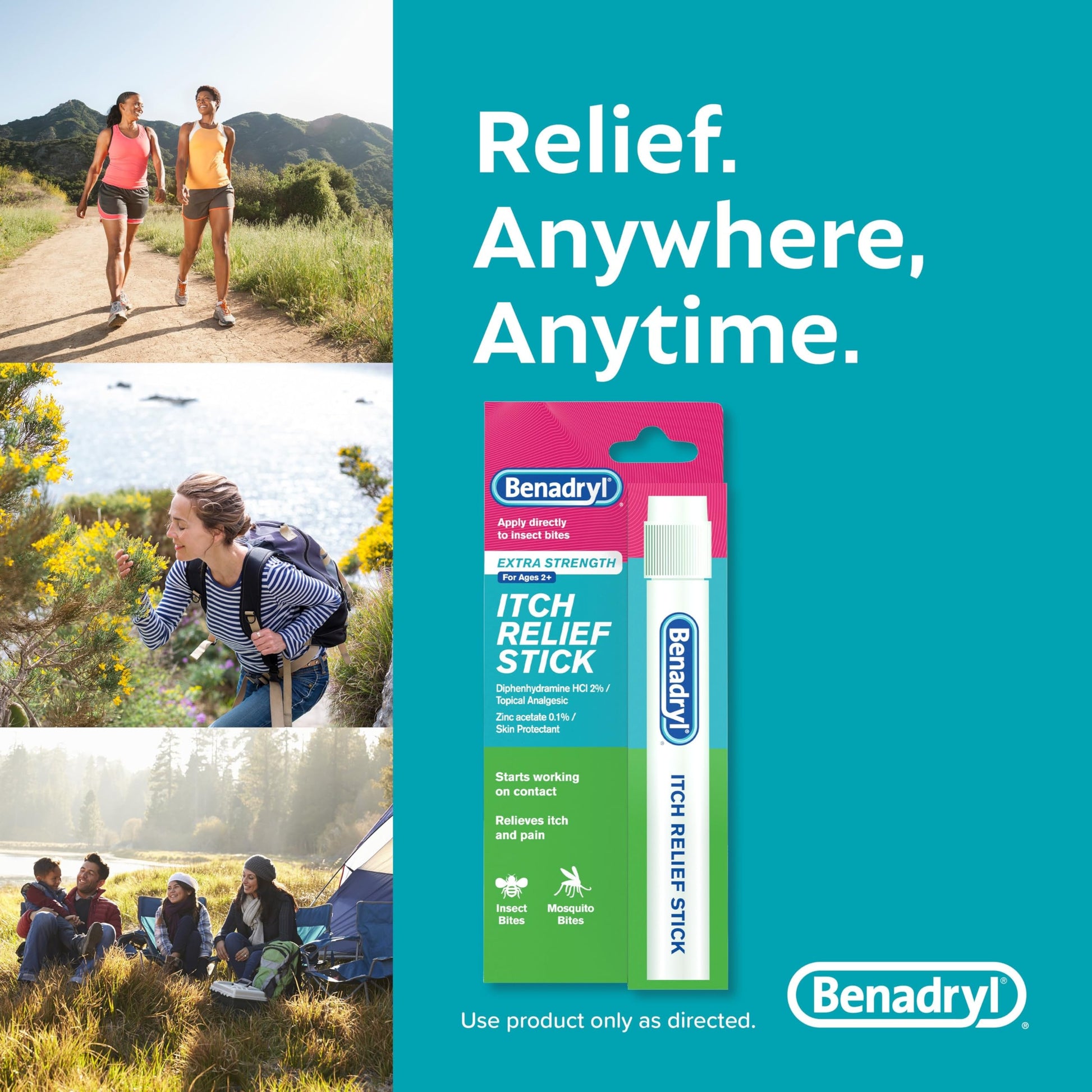 Benadryl Extra Strength Anti-Itch Relief Stick, Bug Bite Itch Relief, Diphenhydramine HCl Topical Analgesic & Zinc Acetate Skin Protectant, Great for Camping Essentials, 0.47 fl oz