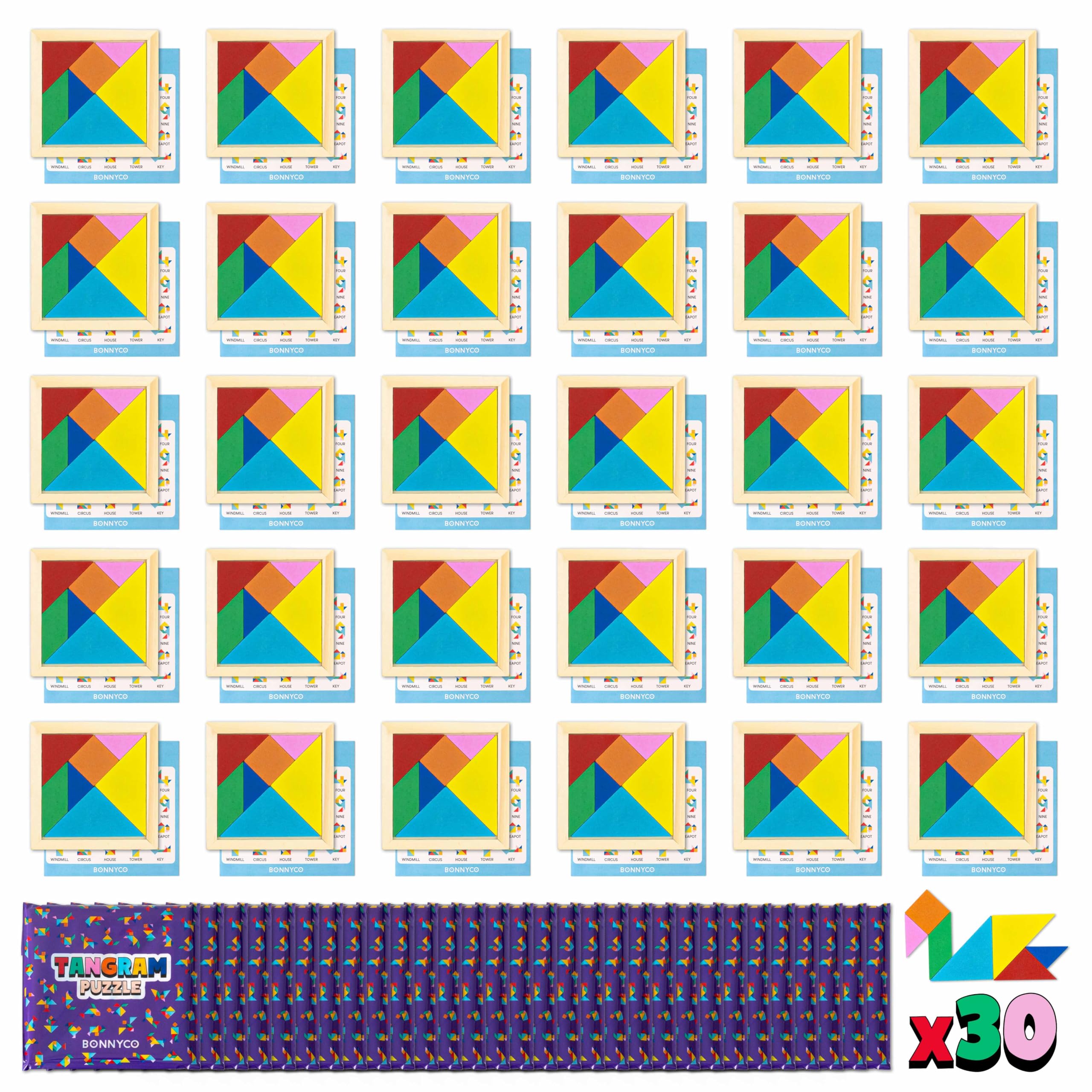 Tangram Puzzle Wooden Pack 30 Kids Party Favors - BONNYCO | Goodie Bags Stuffers for Kids 3-5 4-8, Return Gifts for Birthday Party Goody Bag Stuffers | Pinata Filler Toys Bulk Classroom Prizes Rewards