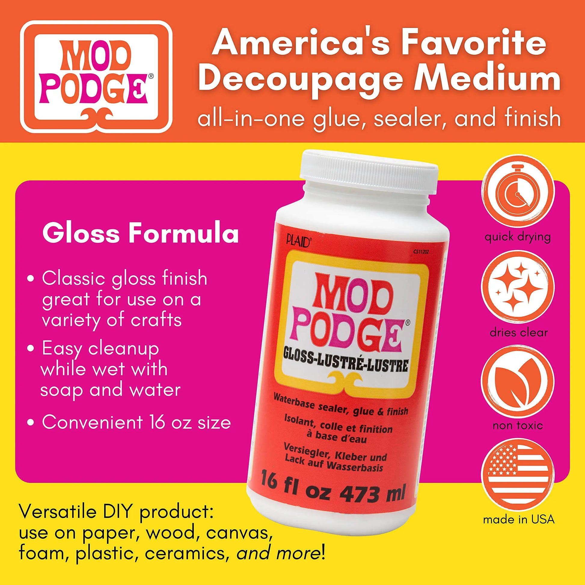 Mod Podge Gloss Sealer, Glue & Finish: All-in-One Craft Solution- Quick Dry, Easy Clean, for Wood, Paper, Fabric & More. Non-Toxic - Craft with Confidence, Made in USA, 16 oz., Pack of 1